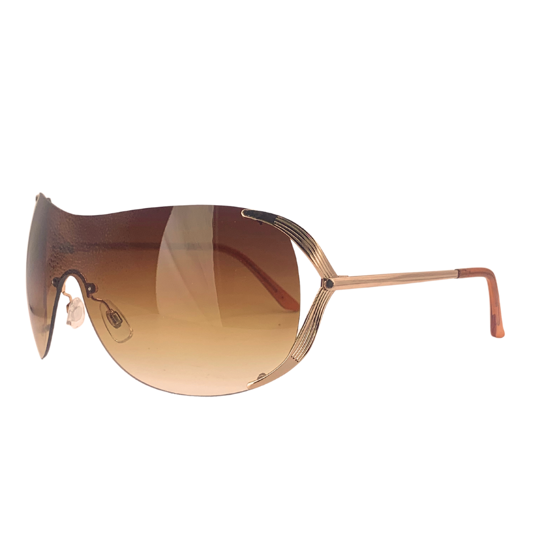 True Vintage Y2K large rimless shield sunglasses with amber brown lense with gold arms