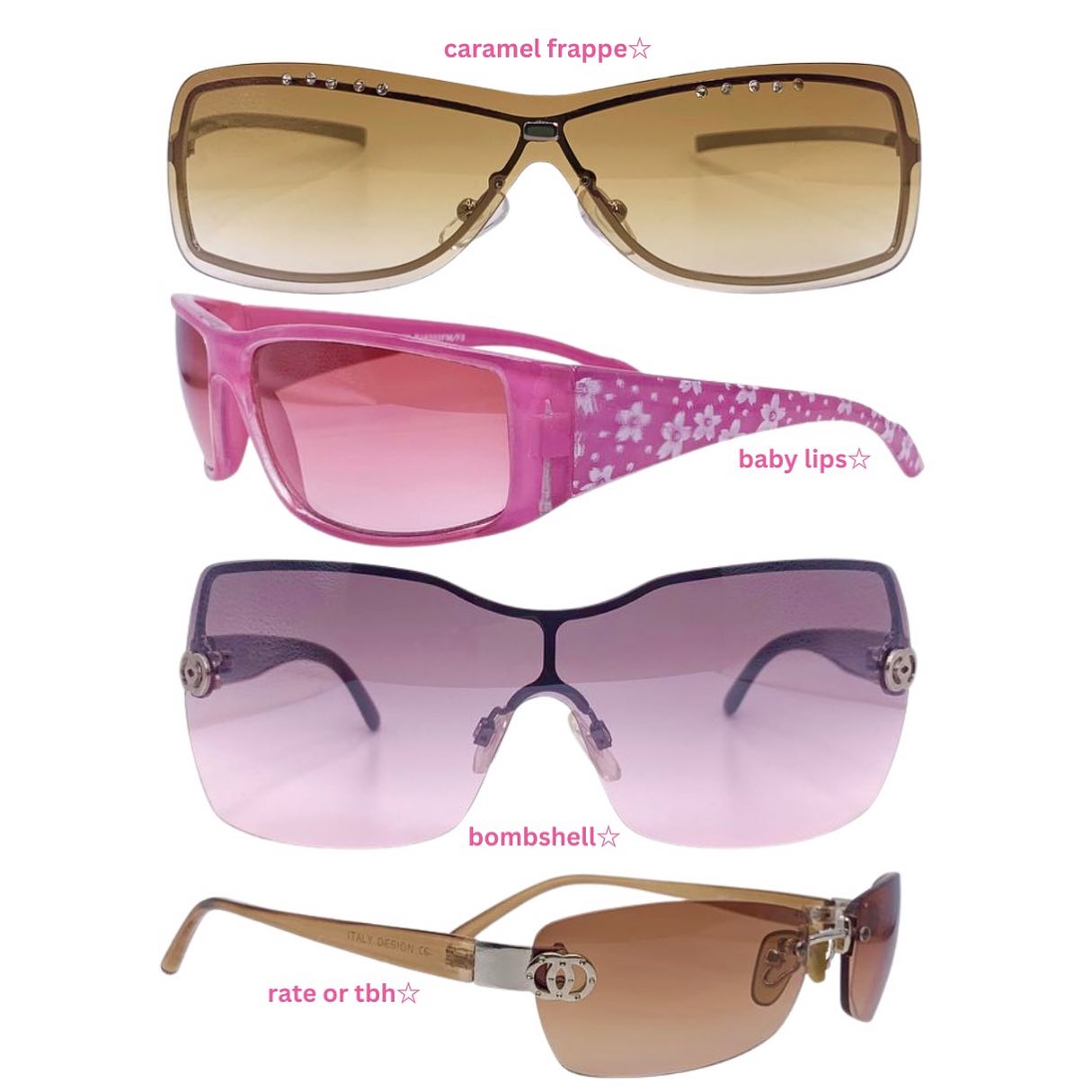 Four pairs of sunglasses labeled: caramel frappe (brown), baby lips (pink), bombshell (purple), and rate or tbh (brown) on white background