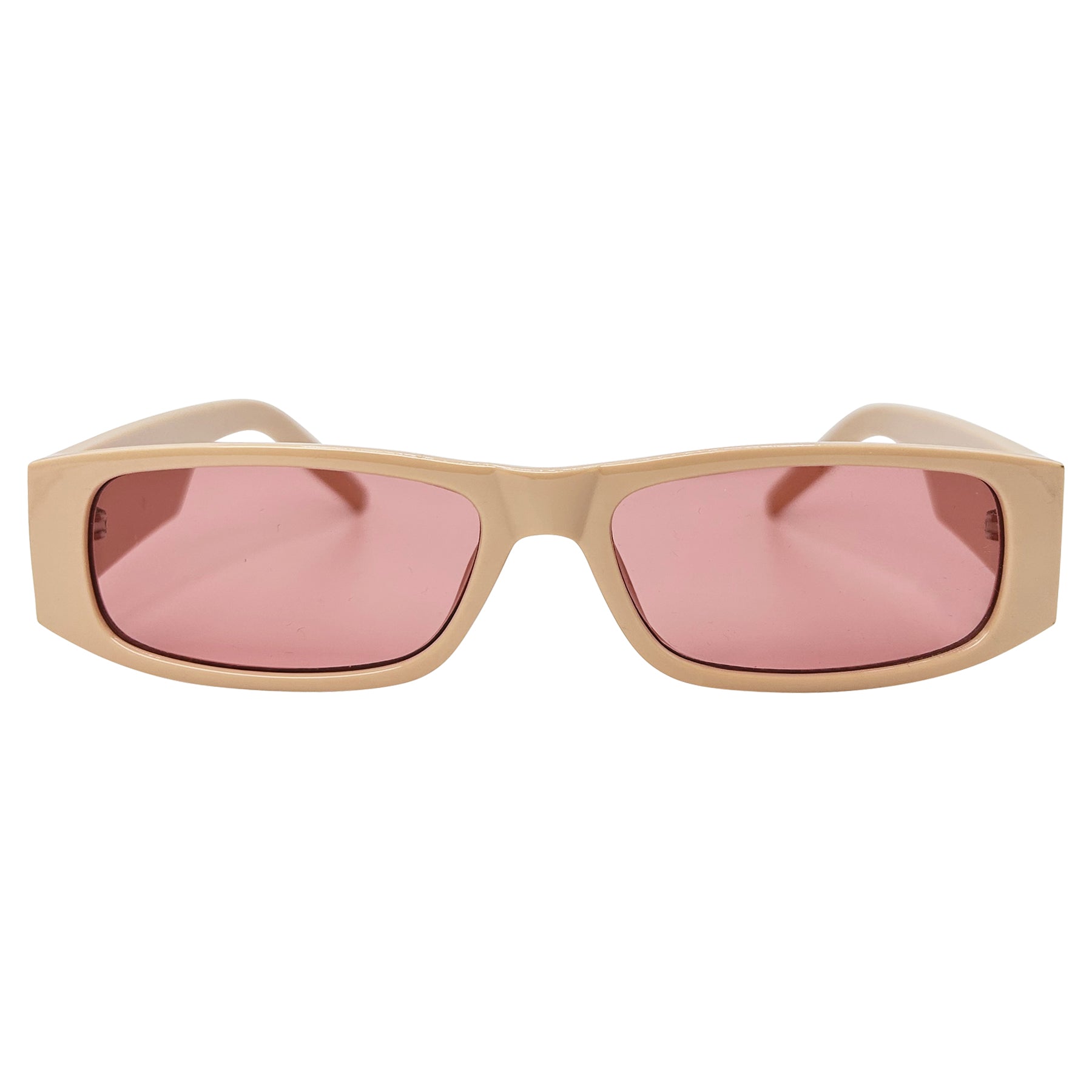 pink lens colored sunglasses with a 90s rectangular style frame