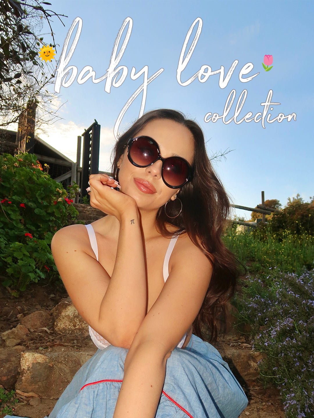 banner with model wearing boho chic aviator and round sunglasses linking to the collection of sunglasses called baby love