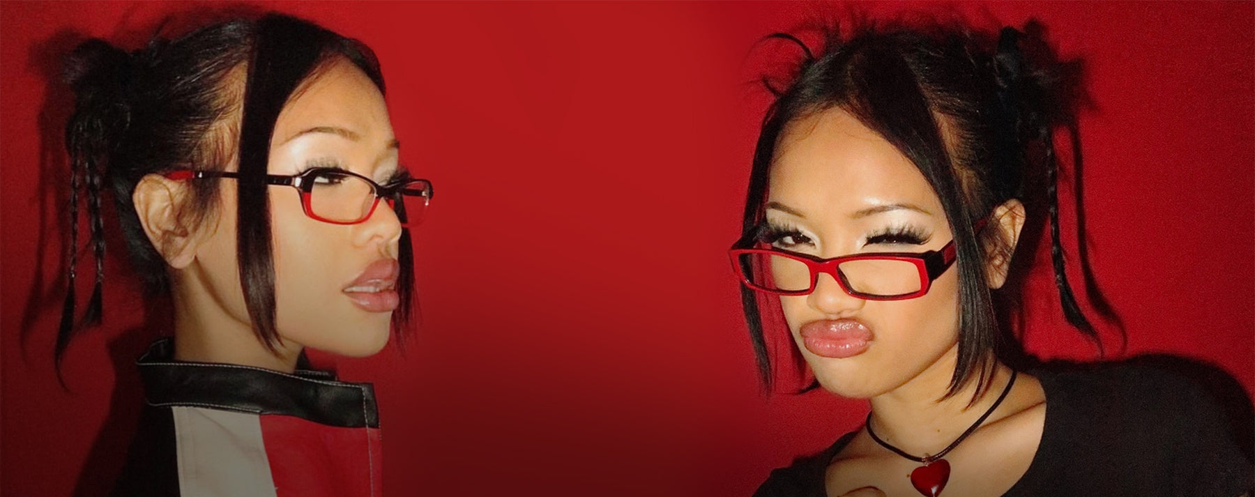 Woman wearing clear bayonetta glasses from  the Clear Bayonetta-Style Eyewear collection by Giant Vintage