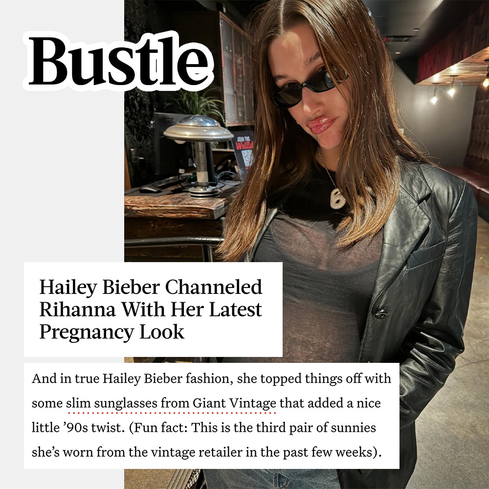 Hailey Bieber featured in Bustle magazine's article about pregnancy looks and wearing Giant Vintage sunglasses