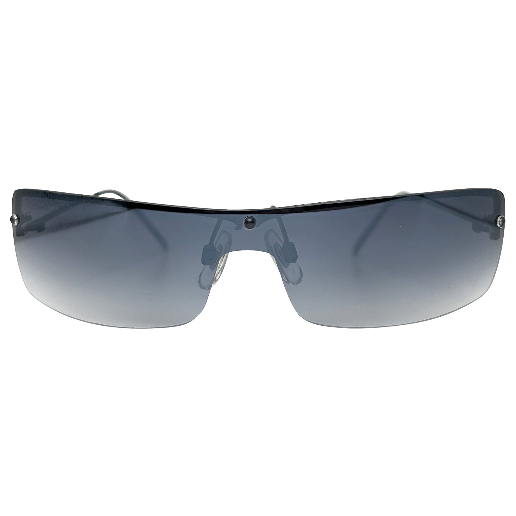 y2k sunglasses with a smoke lens and rimless frame 