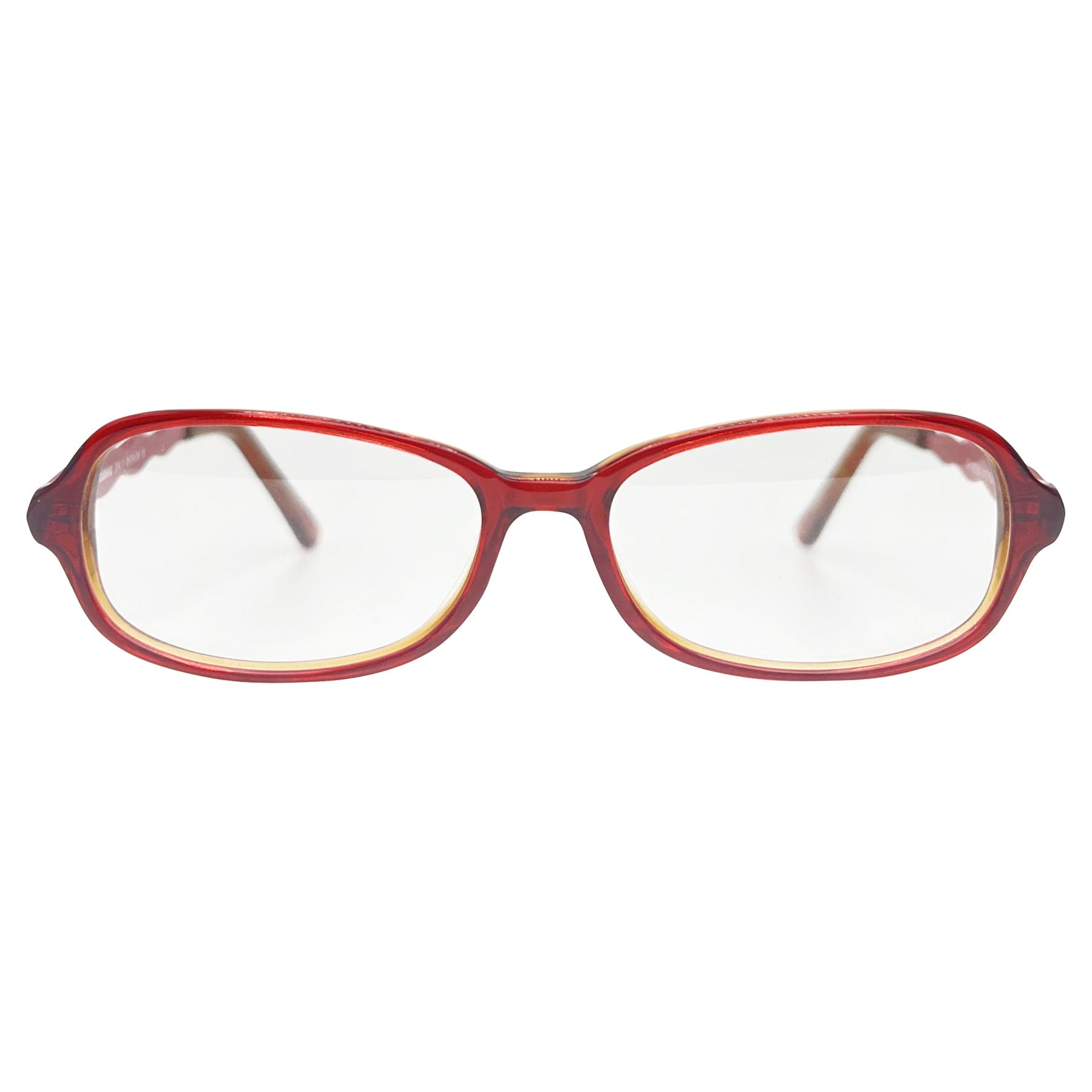 unique clear lens vintage frames with pink metal arms and cherry color