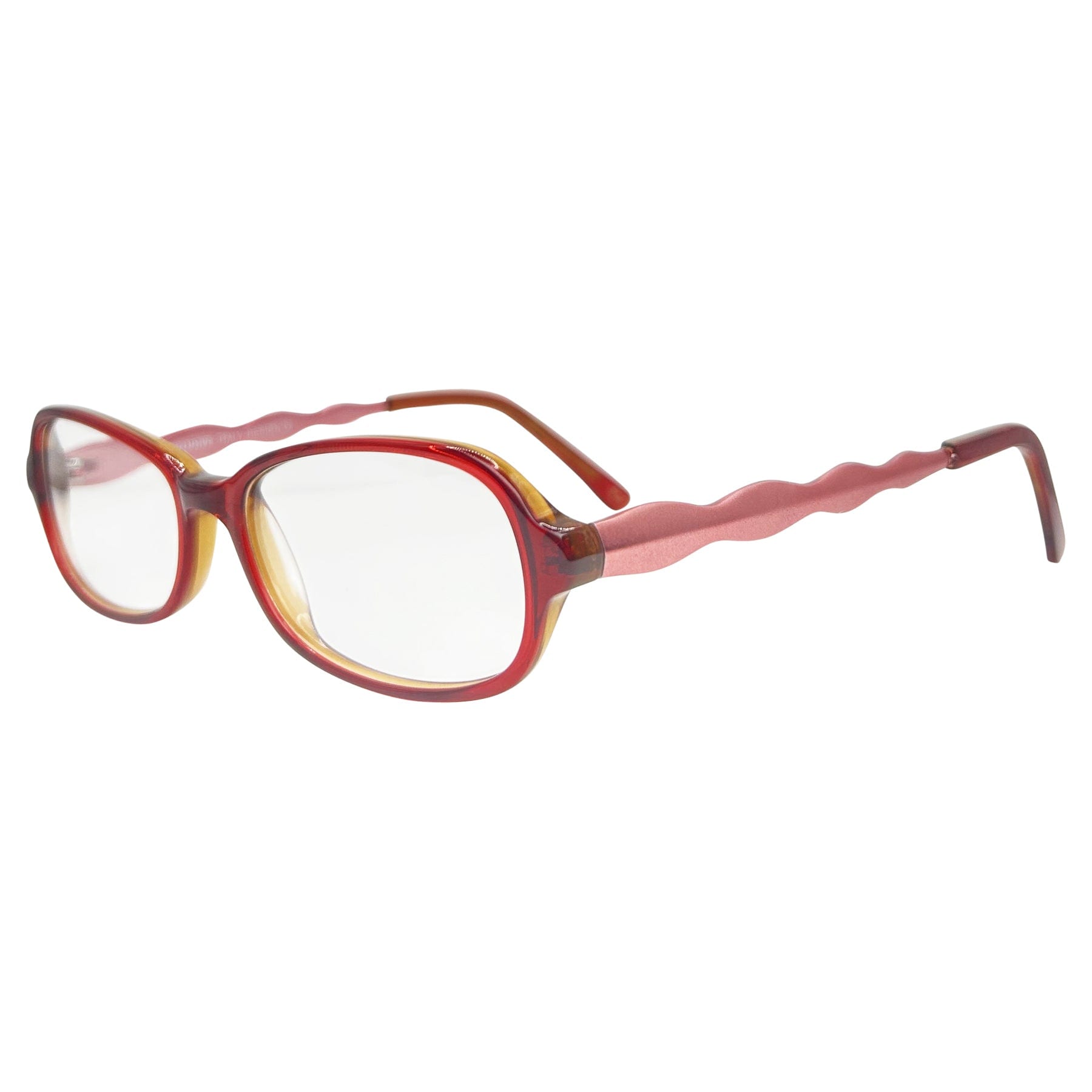 vintage glasses with a cherry frame nd pink metal arms with a clear lens 