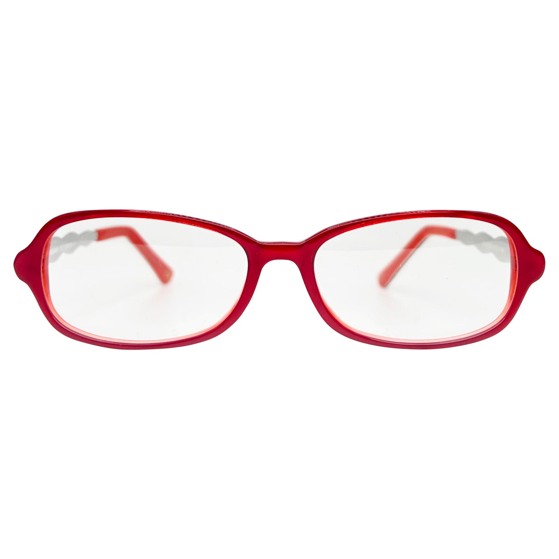 clear glasses women and unisex with a unique cherry and silver metal colored frame 