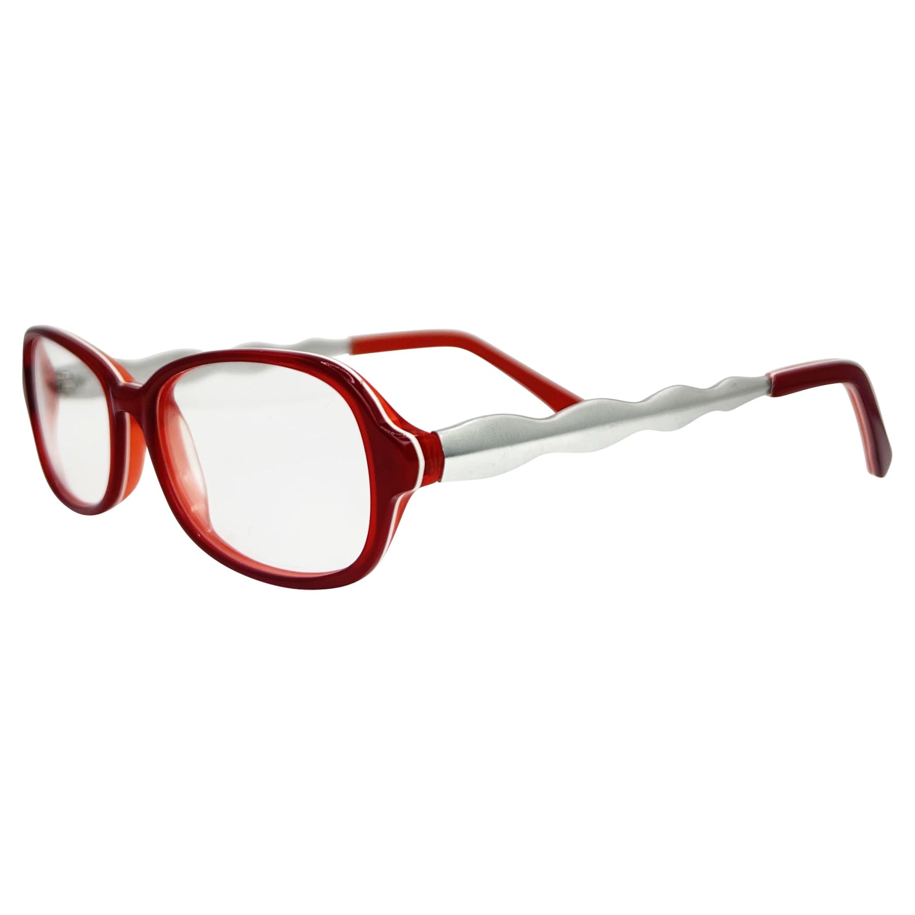 cherry colored and silver glasses with a round square shape and bayonetta-style frame