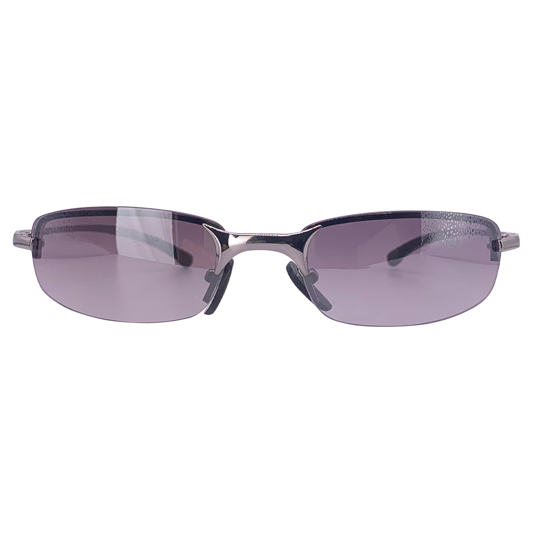 Rimless small 90's sunglasses with smoke lens and silver metal frame