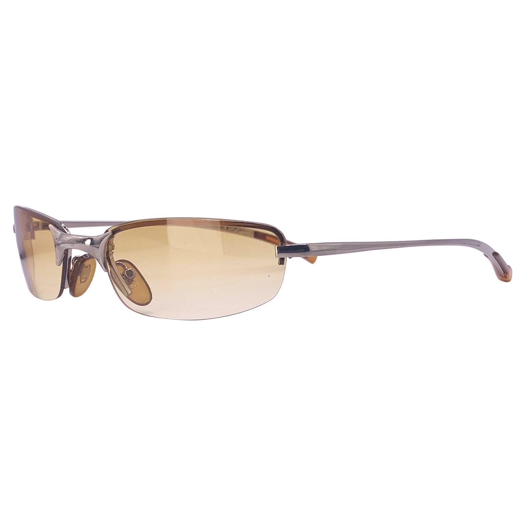 Rimless small 90's sunglasses with amber frame and gunmetal metal