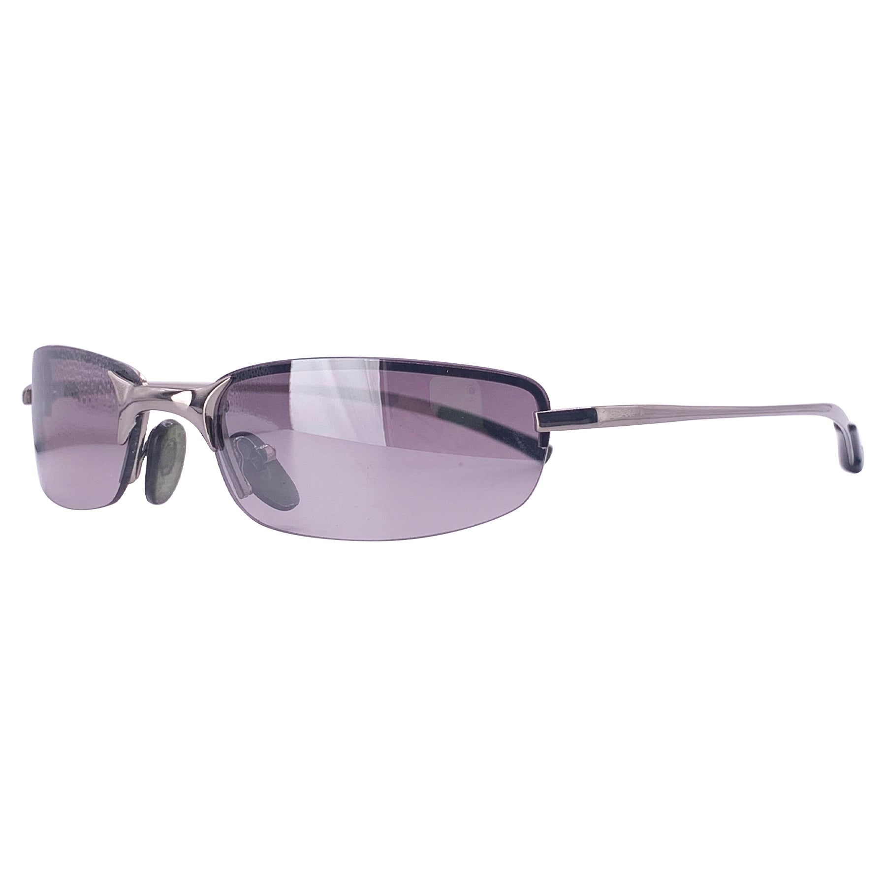 Rimless small 90's sunglasses with smoke lens and silver metal frame