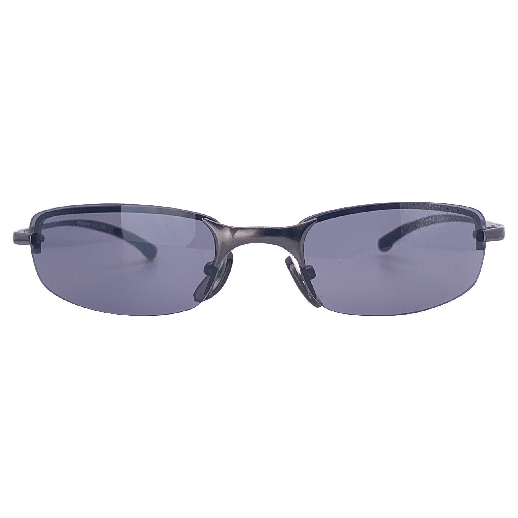 Rimless small 90's sunglasses with super dark lens and gunmetal metal frame