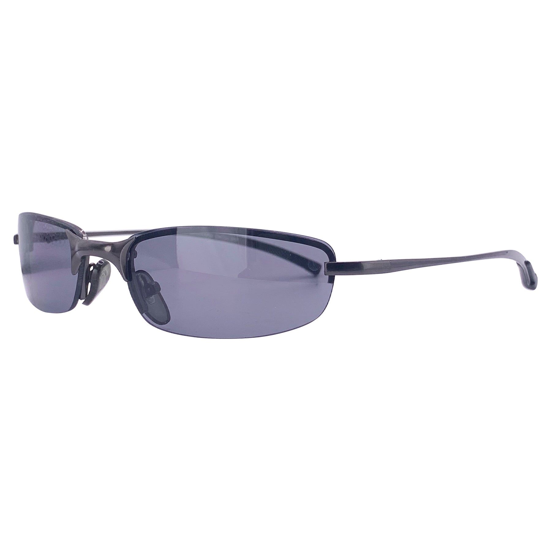 Rimless small 90's sunglasses with super dark lens and gunmetal metal frame