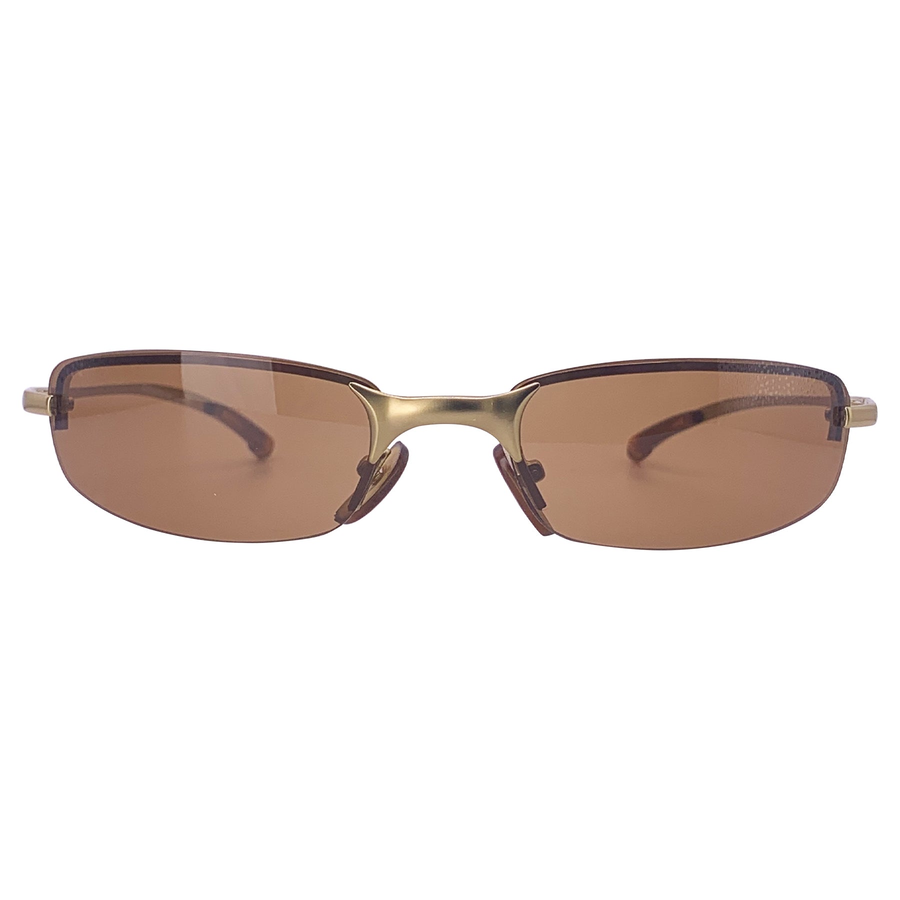 Rimless small 90's sunglasses with brown lens and gold metal frame