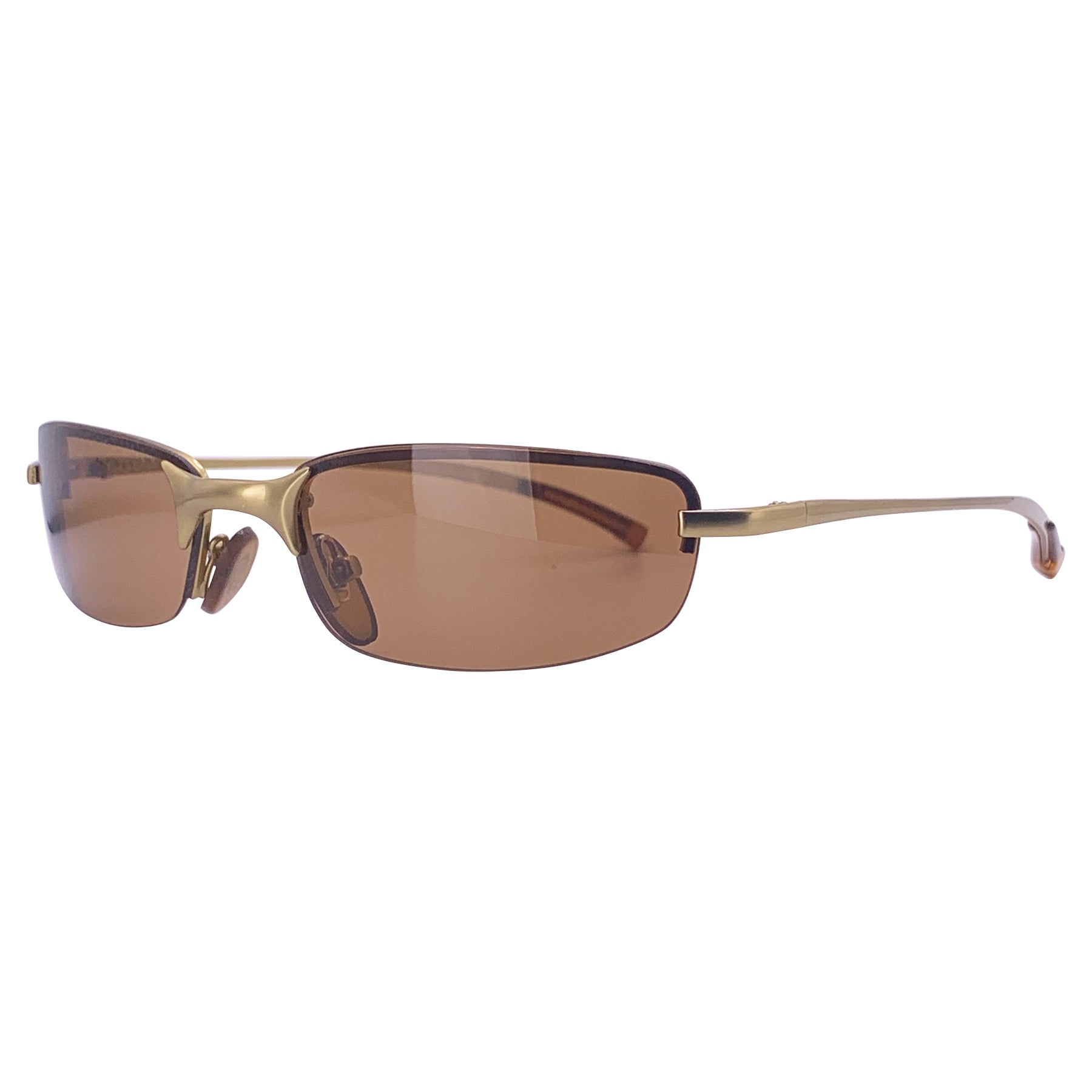 Rimless small 90's sunglasses with brown lens and gold metal frame