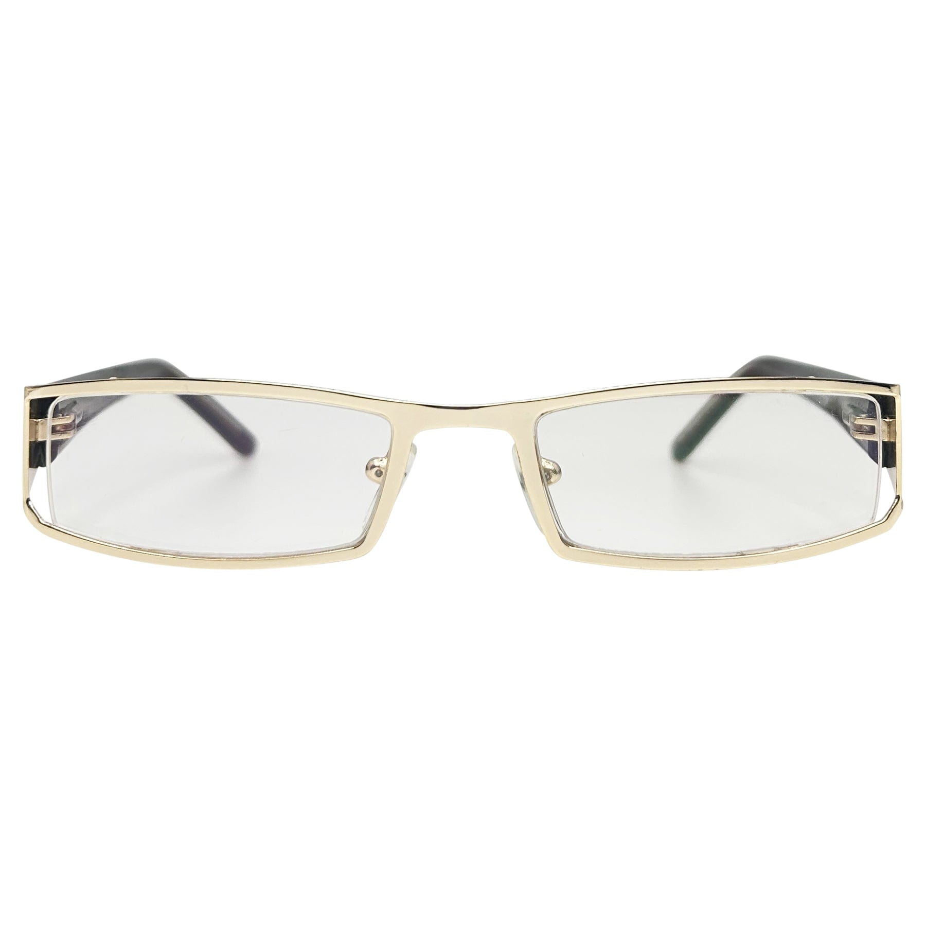 90s bayonetta-style retro glasses with a gold metal frame and clear lens