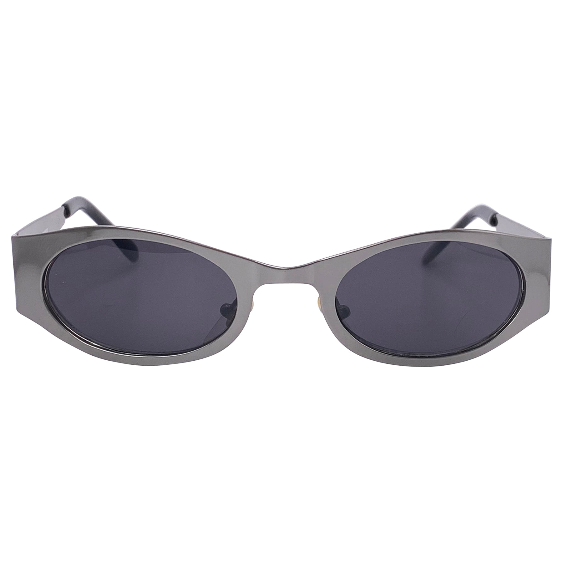 unique sunglasses with a round gunmetal frame