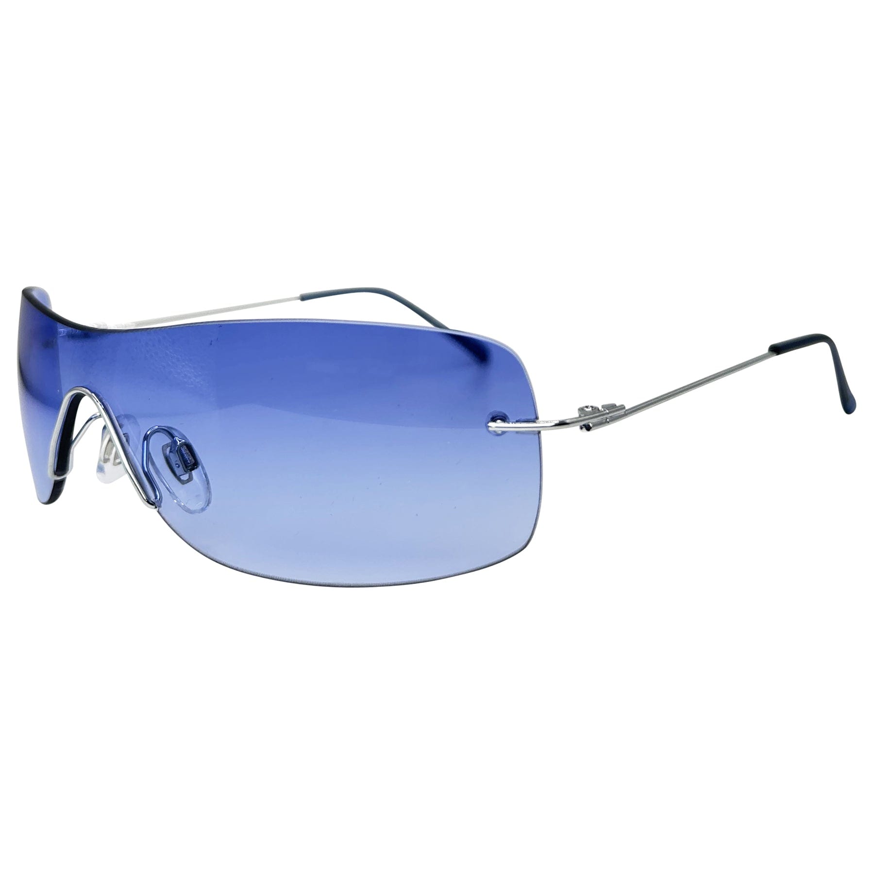 blue sunglasses with a y2k metal rimless frame