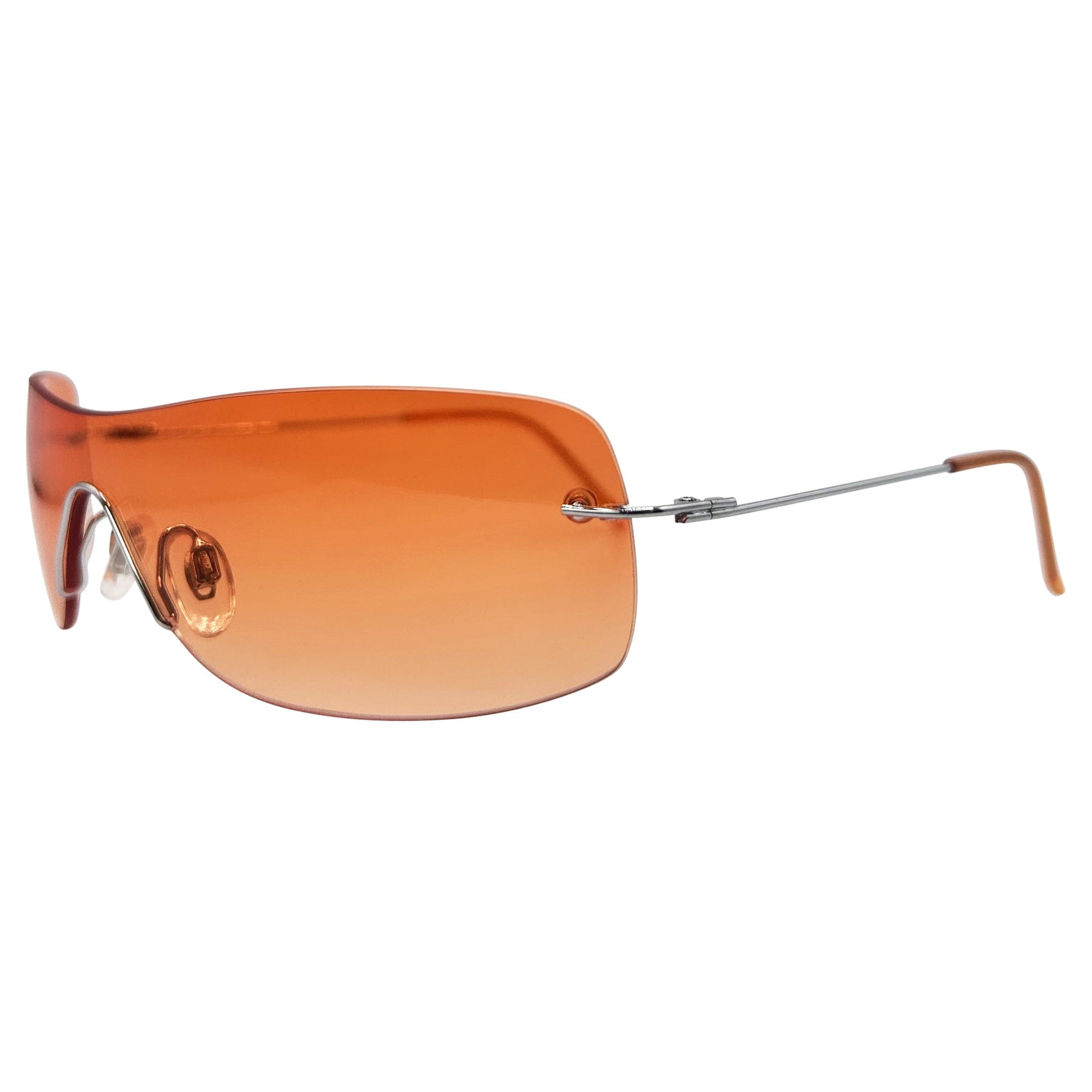 y2k rimless style rave sunglasses with a orange lens 