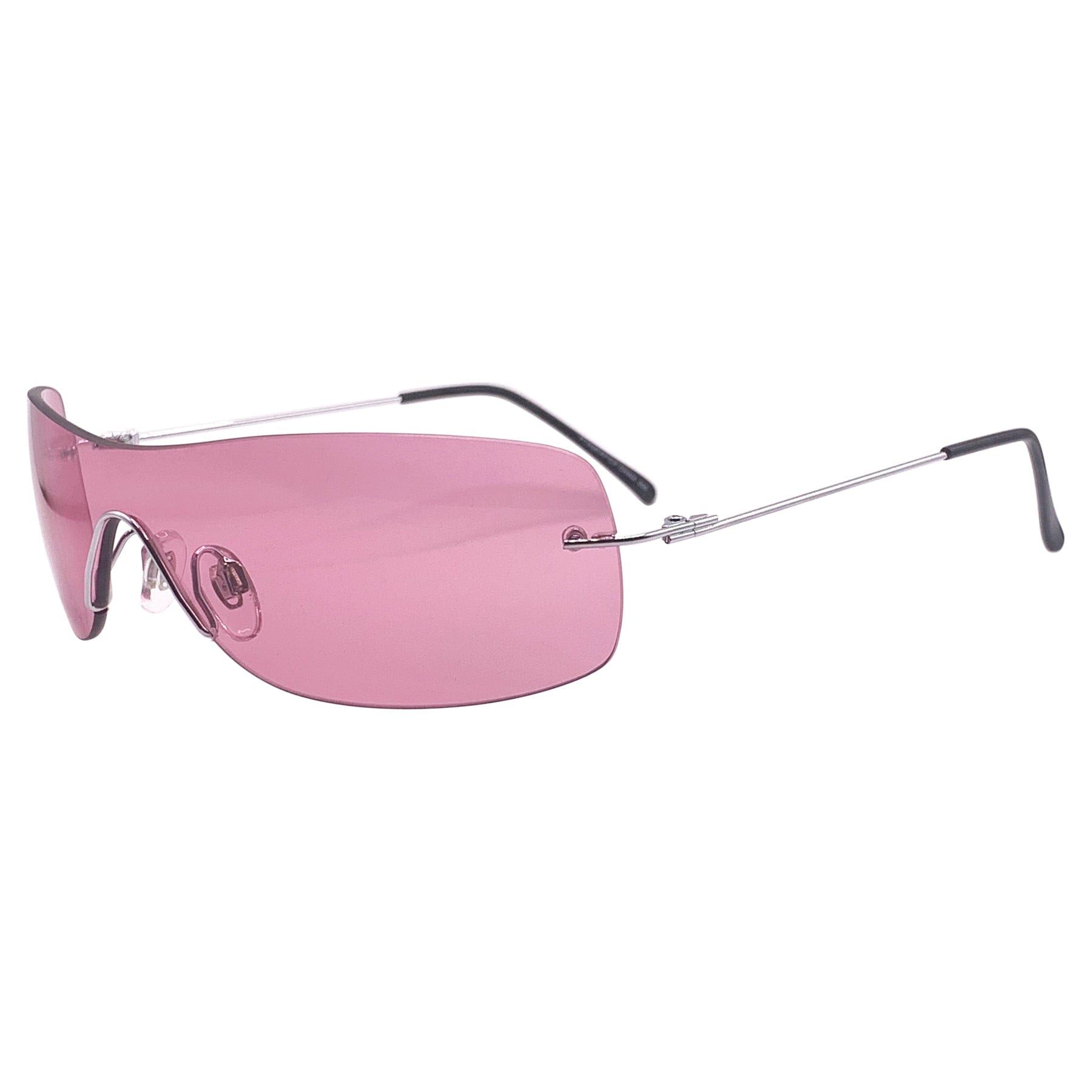 2000s sunglasses with a pink lens and rimless metal frame 