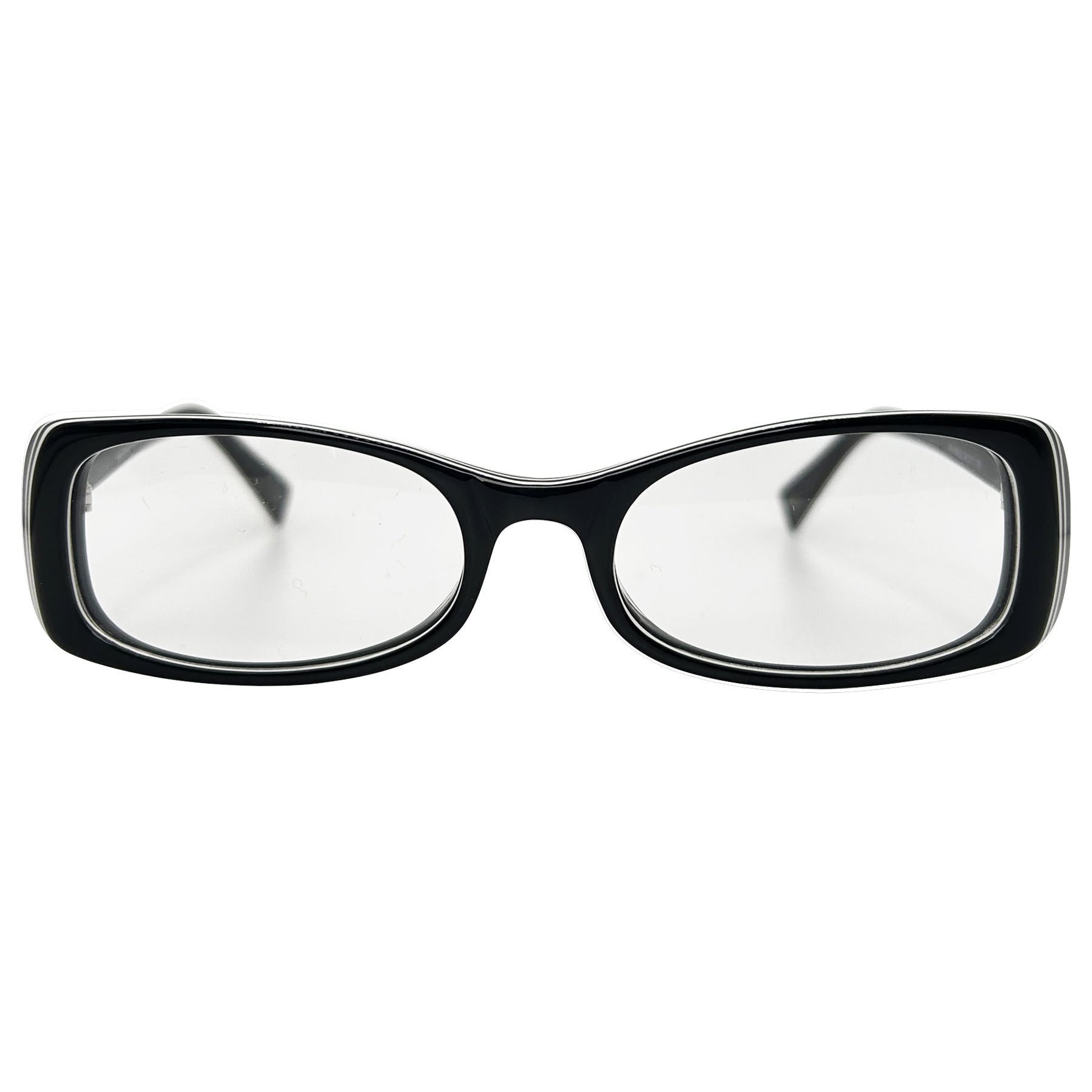 retro glasses with a black frame and clear lens