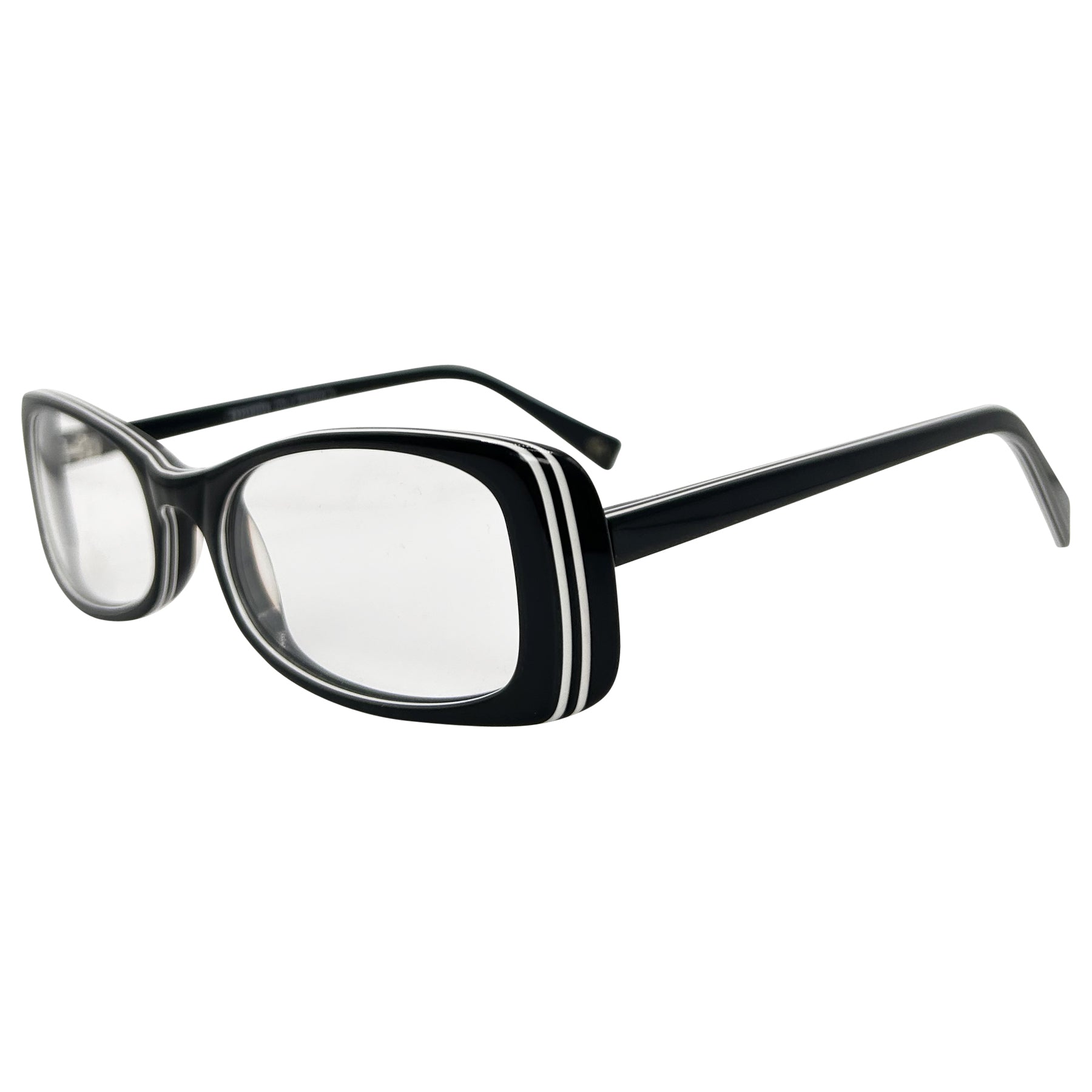 colored glasses with black and white frames and clear lenses