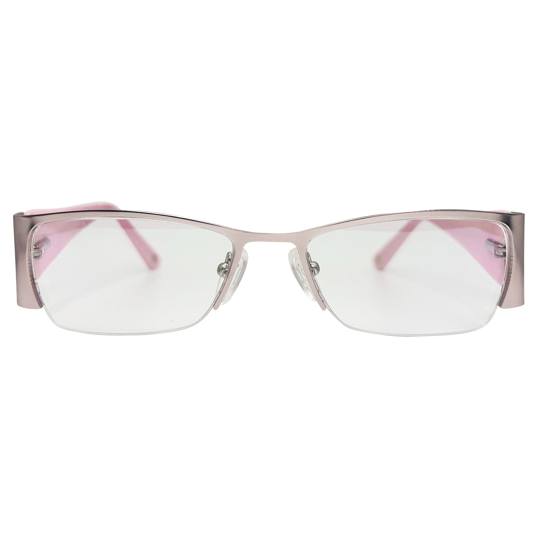 pink metal colored glasses with an iridescent lens and 90s bayonetta-style frame