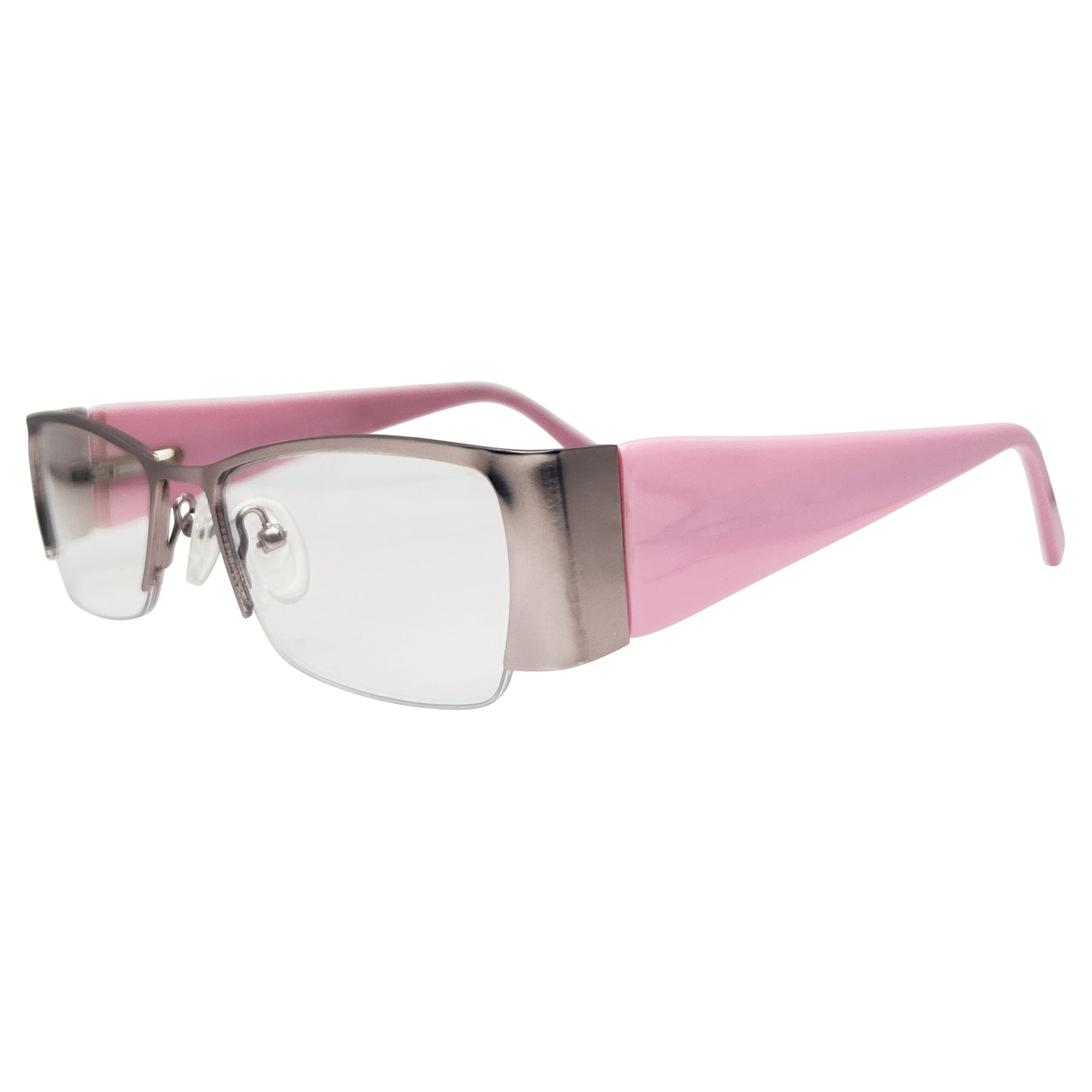 vintage glasses with a clear iridescent lens and pink metal frame