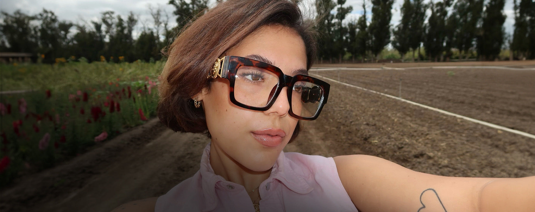 Woman wearing oversized clear square glasses from the Oversized Clear Eyewear Collection by Giant Vintage Eyewear