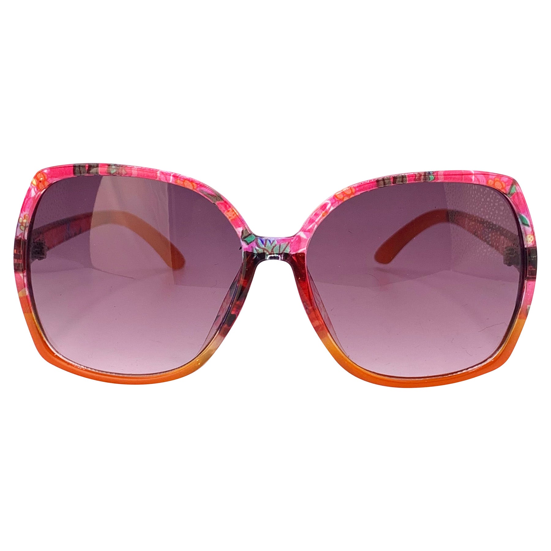 True Vintage Square Boho Sunglasses with a dark smoke lens and floral pink and orange frame.