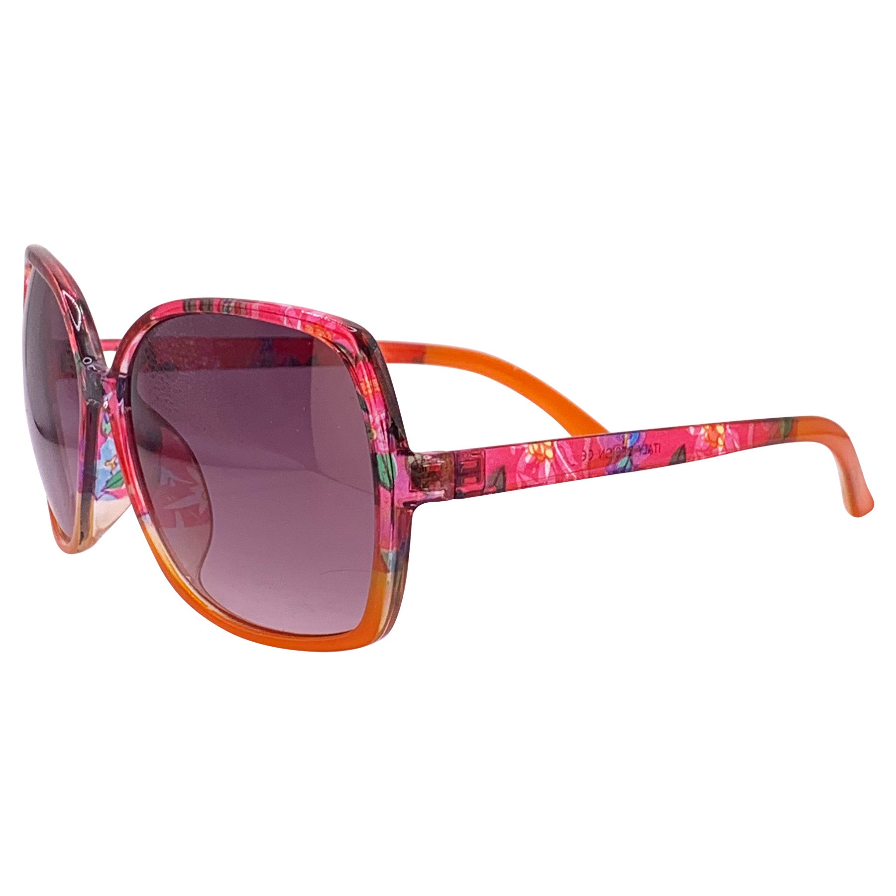 True Vintage Square Boho Sunglasses with a dark smoke lens and floral pink and orange frame.