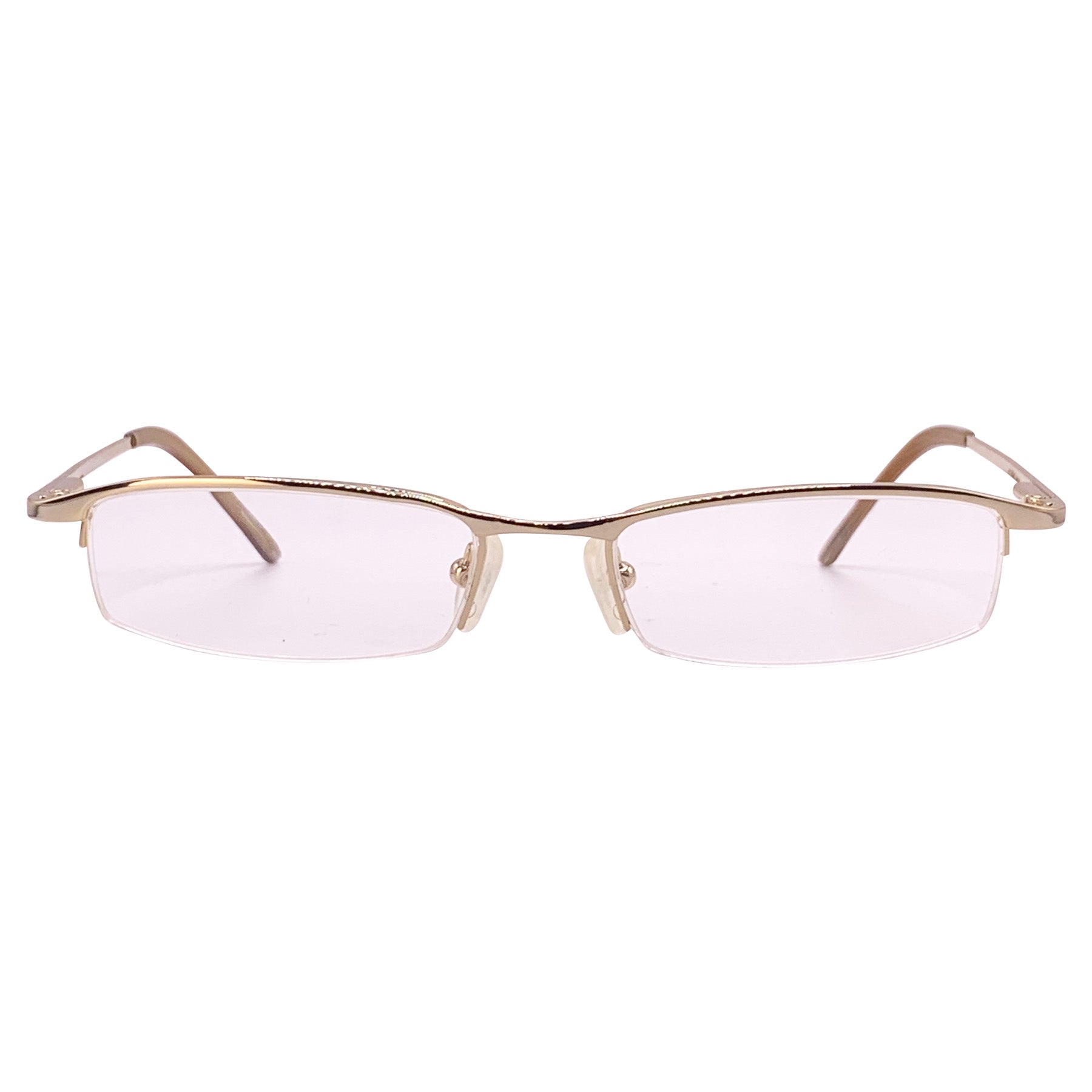 True Vintage clear slim 90s bayonetta glasses with a split dainty gold frame and clear lens