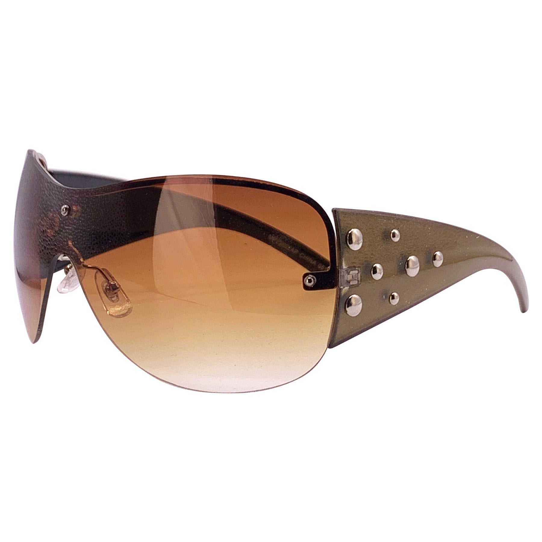 Oversized Y2k Rimless Shield with studded embellishments on the arm