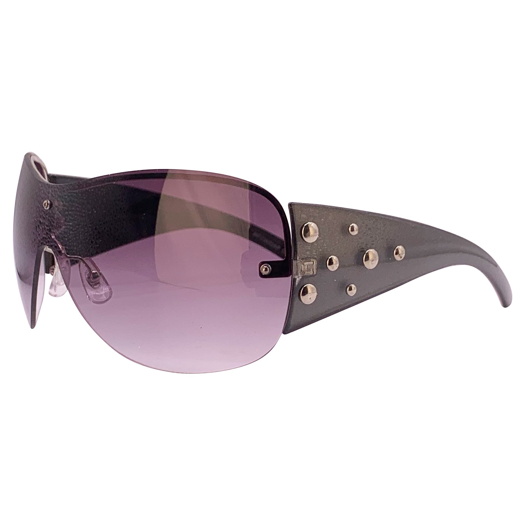 Oversized Y2k Rimless Shield with studded embellishments on the arm