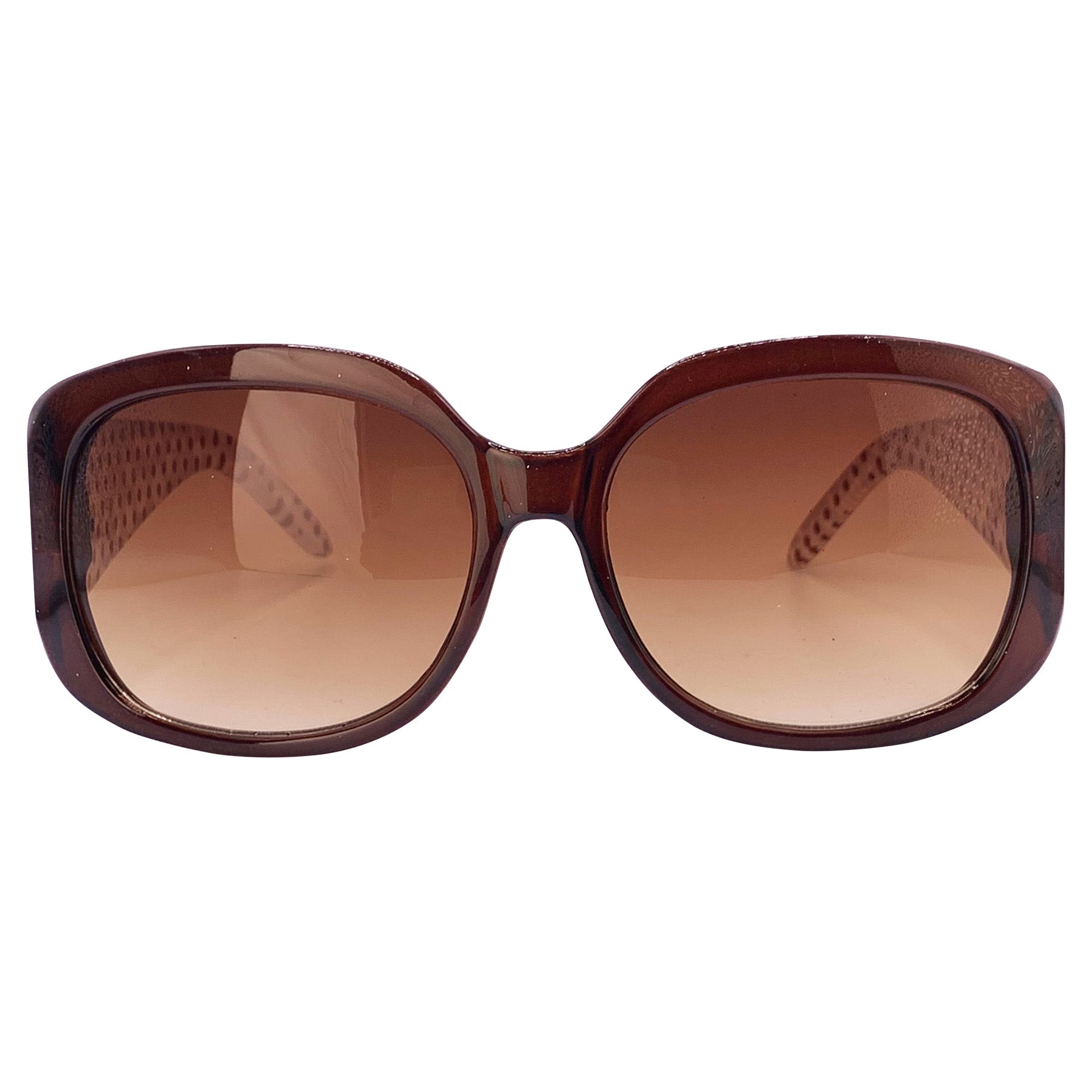 Oversized Square Brown and Amber sunglasses with polka dot pattern on the inner arm and lace print on the outer arm