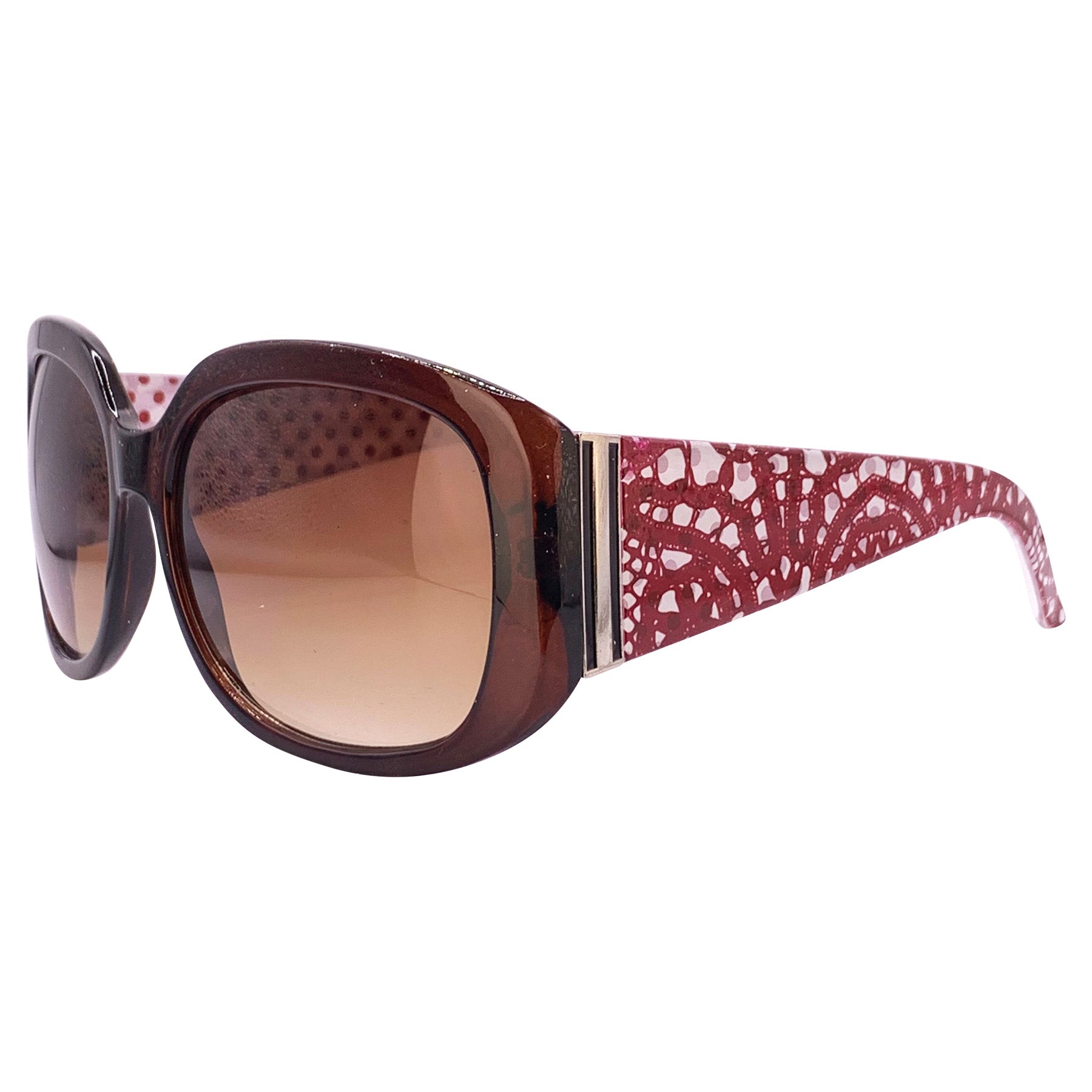 Oversized Square Brown and Amber sunglasses with polka dot pattern on the inner arm and lace print on the outer arm