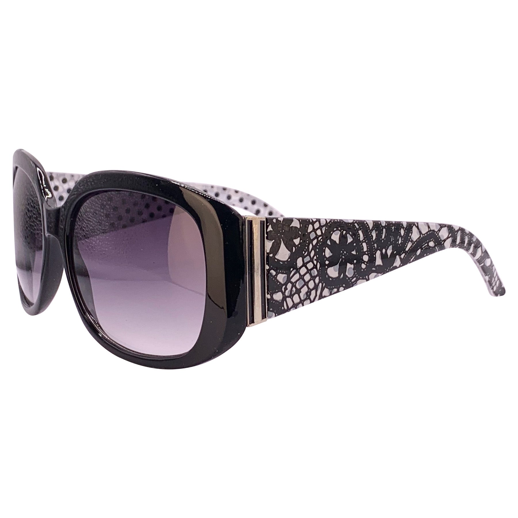 Oversized Square Black and White sunglasses with polka dot pattern on the inner arm and lace print on the outer arm