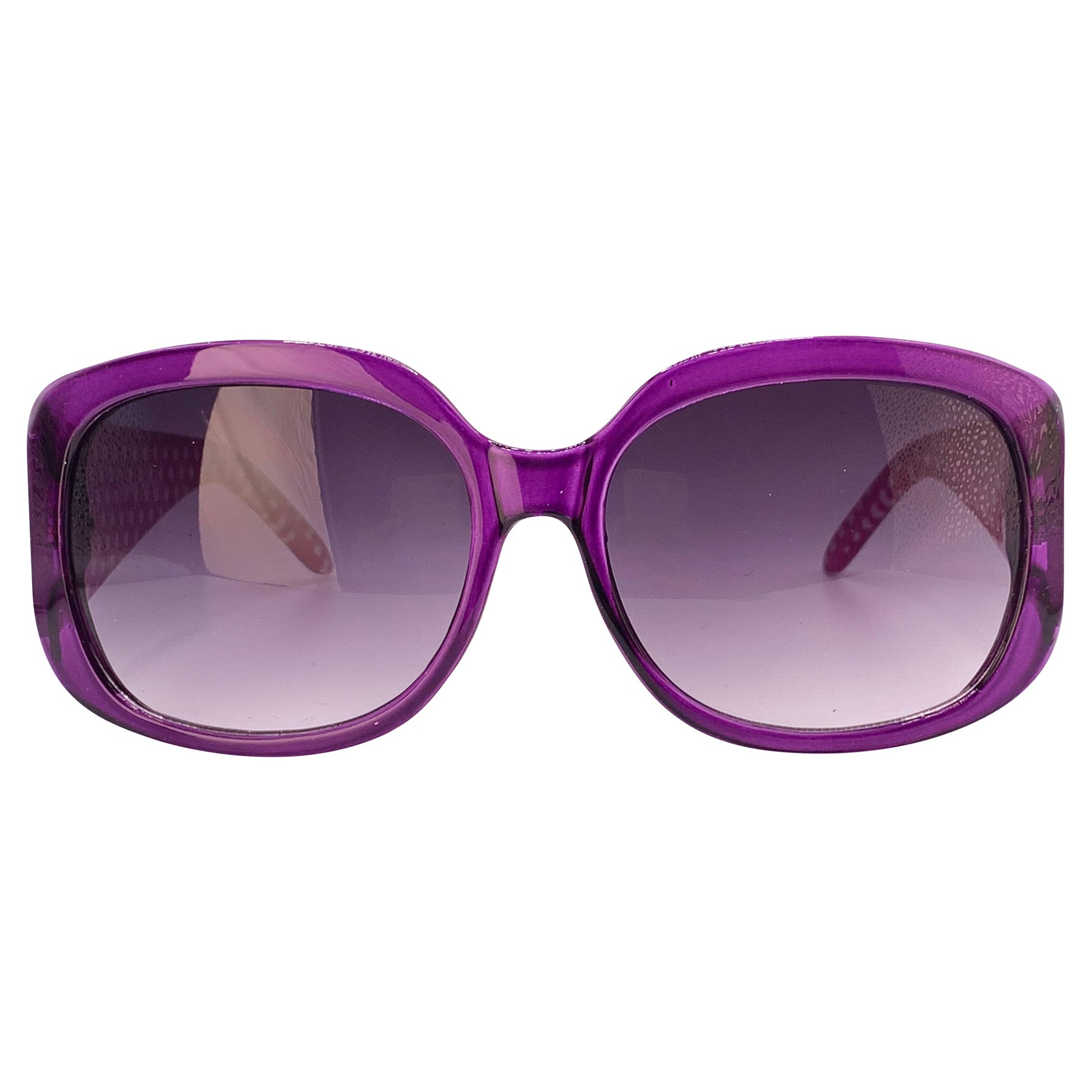 Oversized Square Purple sunglasses with polka dot pattern on the inner arm and lace print on the outer arm