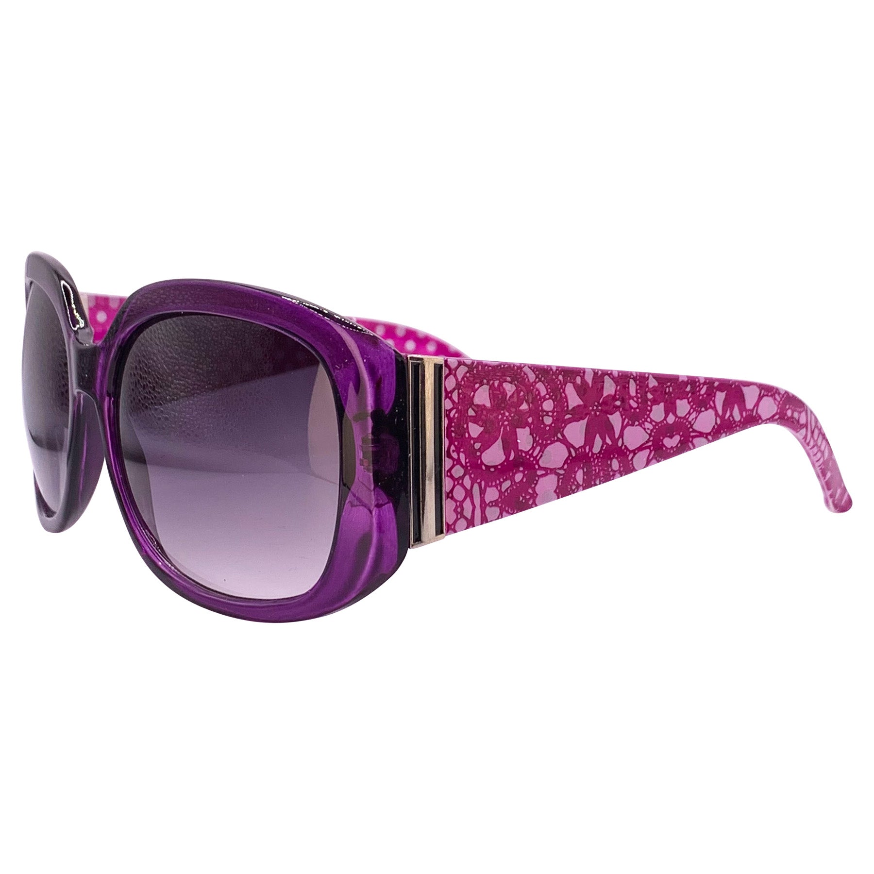 Oversized Square Purple sunglasses with polka dot pattern on the inner arm and lace print on the outer arm