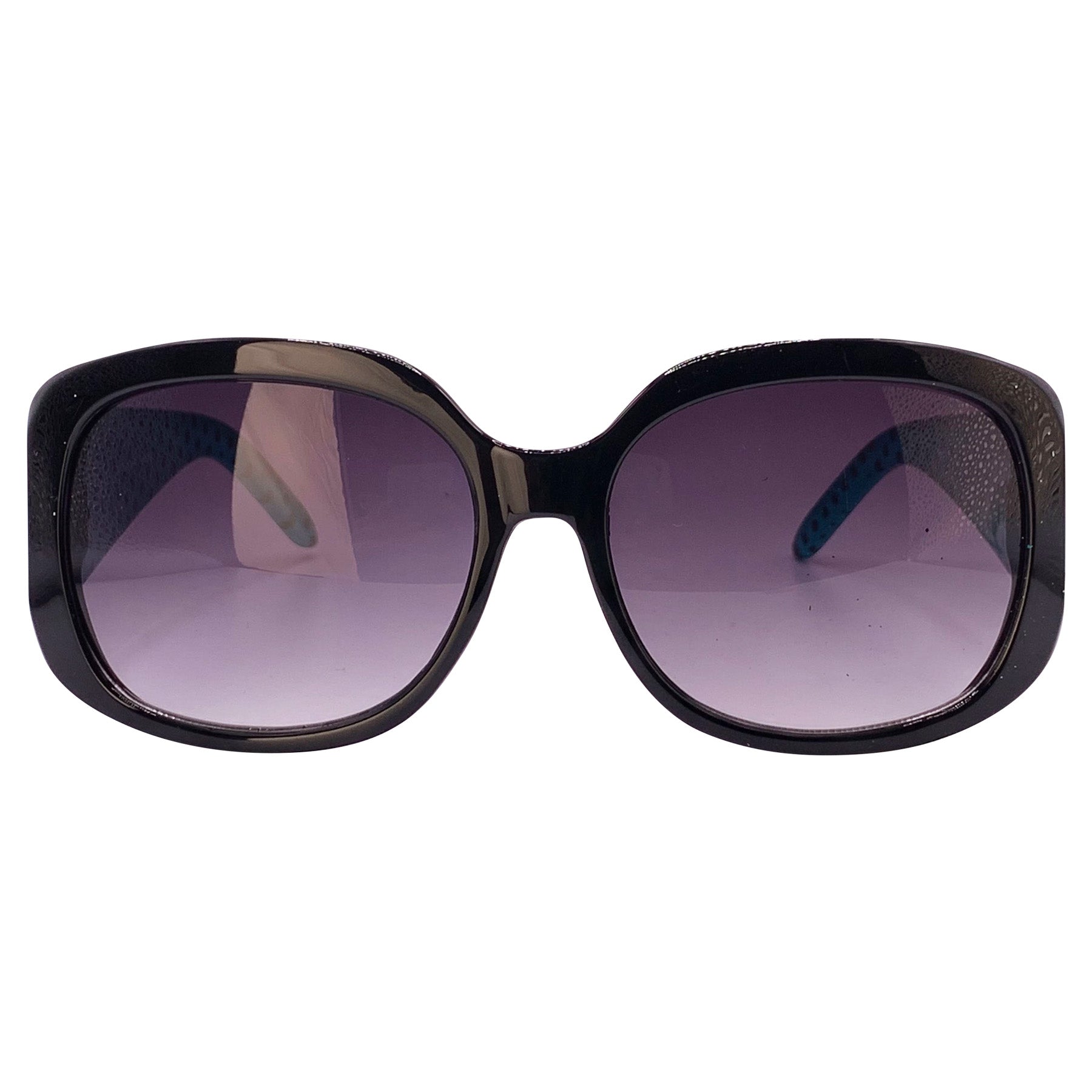 Oversized Square Black and Rainbow sunglasses with polka dot pattern on the inner arm and lace print on the outer arm