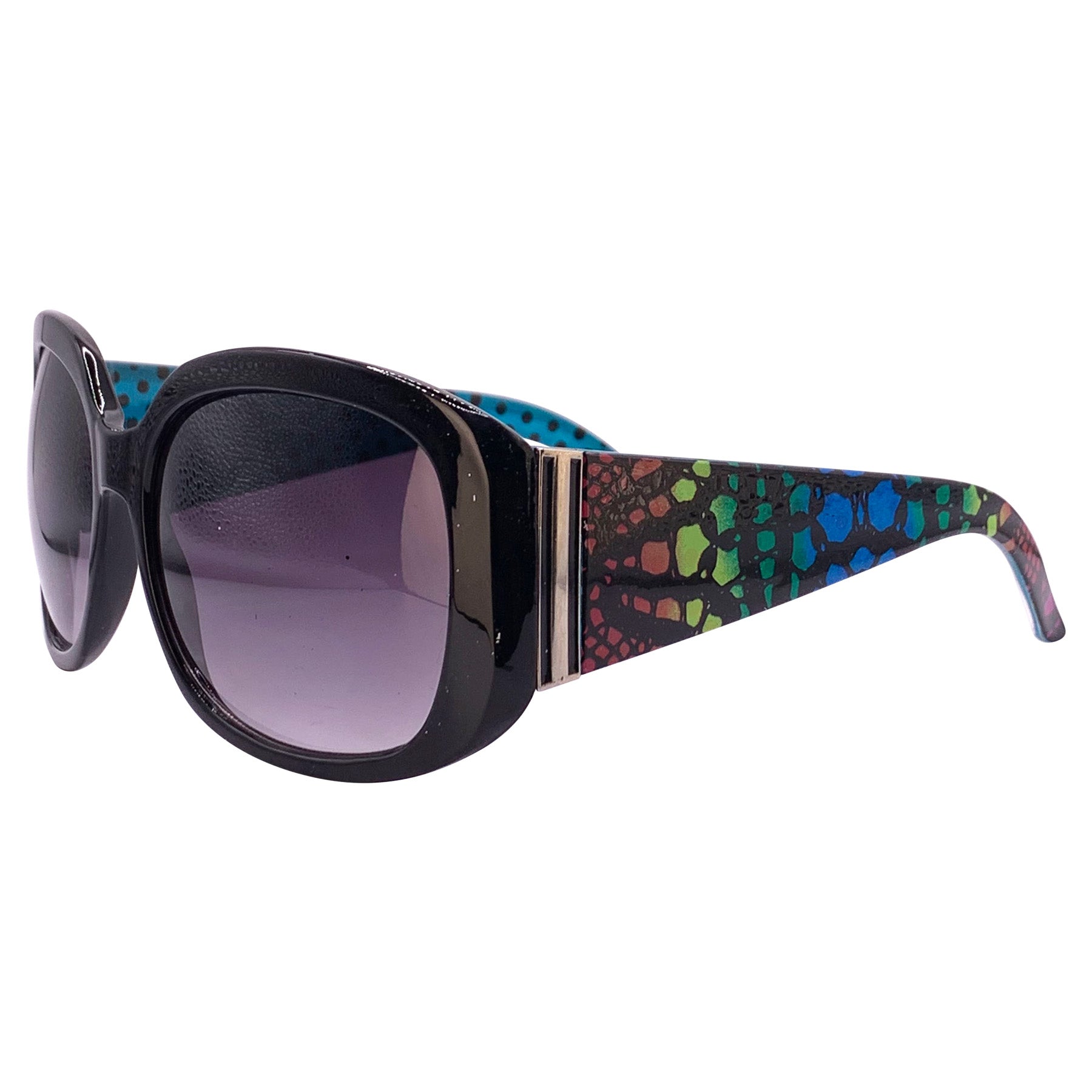 Oversized Square Black and Rainbow sunglasses with polka dot pattern on the inner arm and lace print on the outer arm