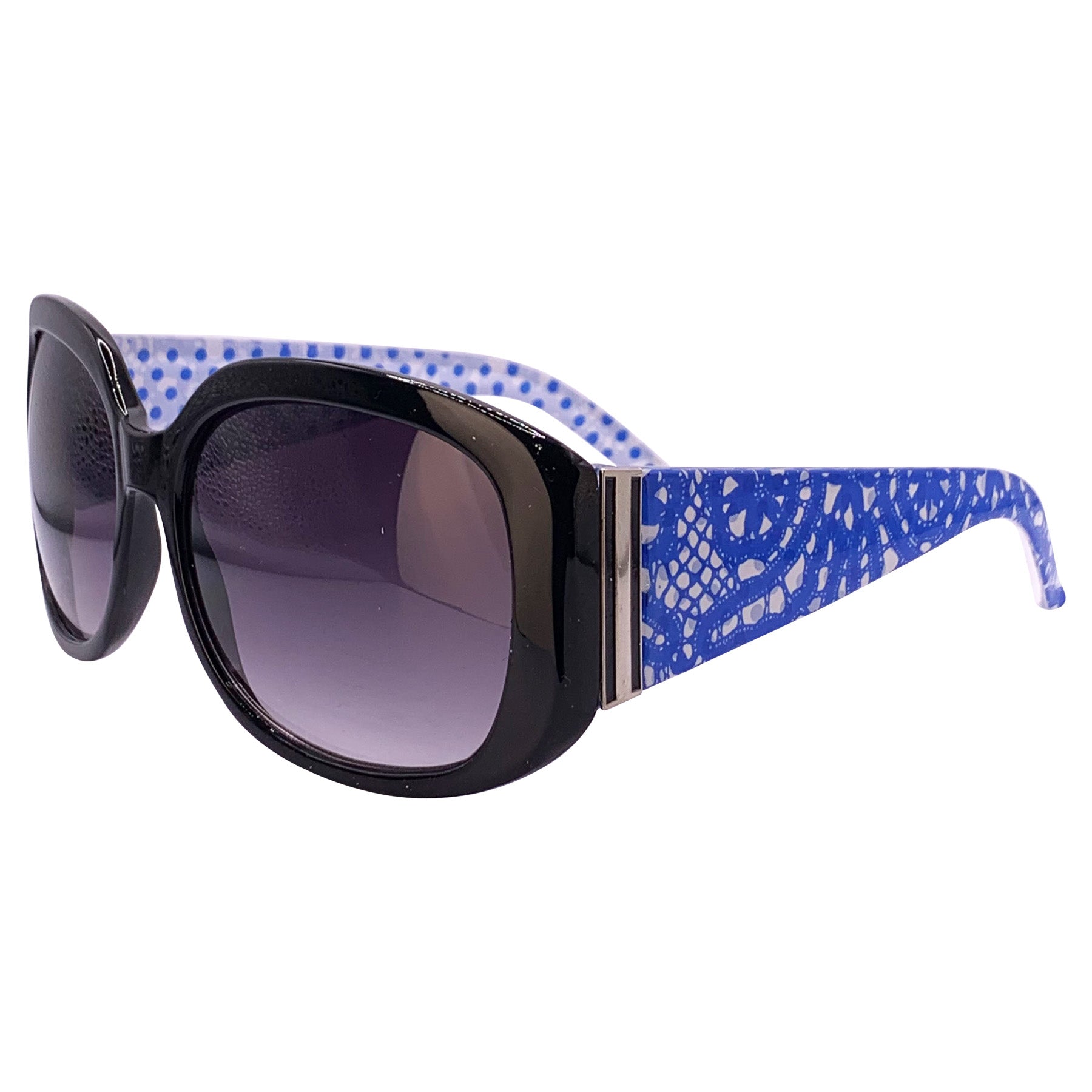 Oversized Square Back, Blue and White Boho sunglasses with polka dot pattern on the inner arm and lace print on the outer arm