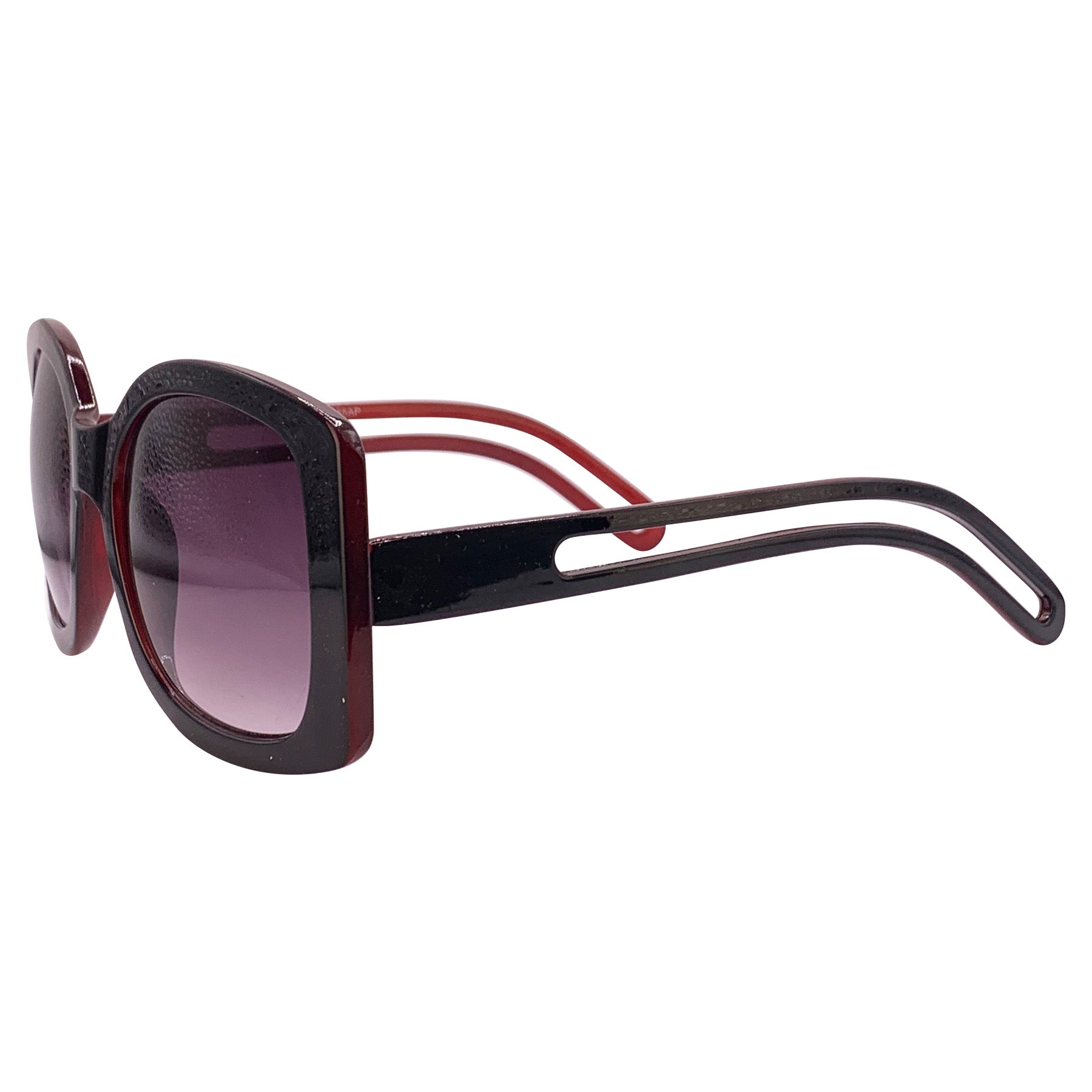 Oversized square boho sunglasses with a black outer frame, smoke lenses, and a burgundy inner frame, offering a stylish and trendy look for sunny days. Perfect for a chic, laid-back fashion statement.