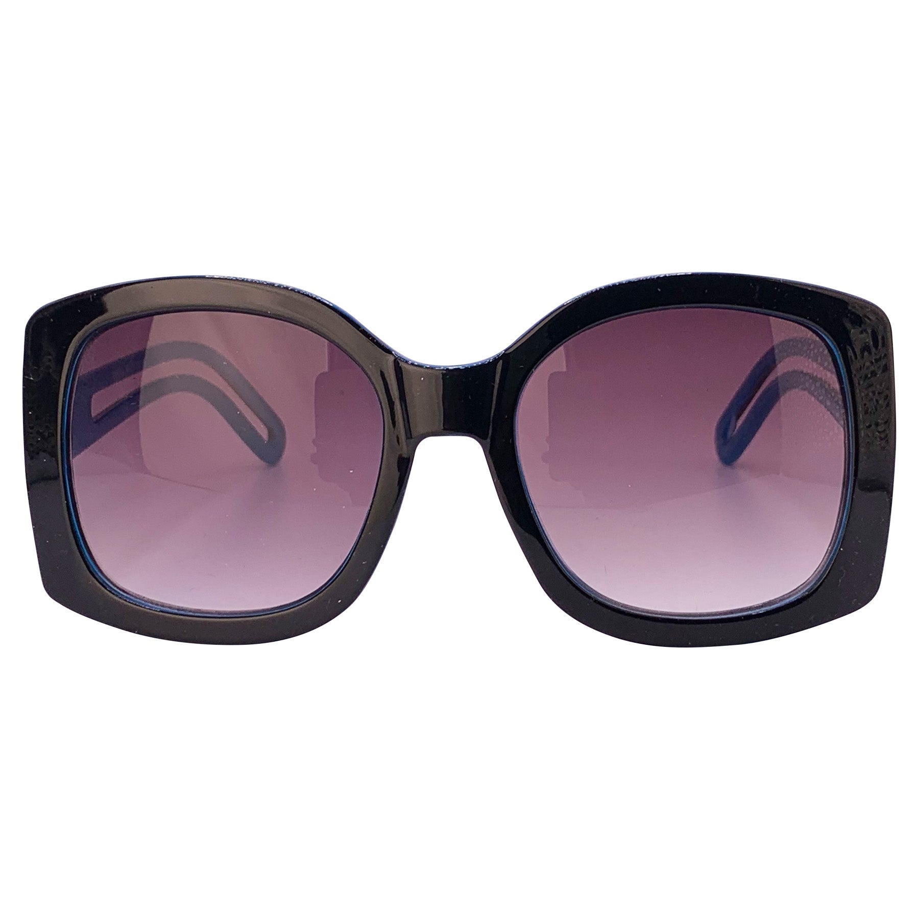 Oversized square boho sunglasses with a black outer frame, smoke lenses, and a blue inner frame, offering a stylish and trendy look for sunny days. Perfect for a chic, laid-back fashion statement.