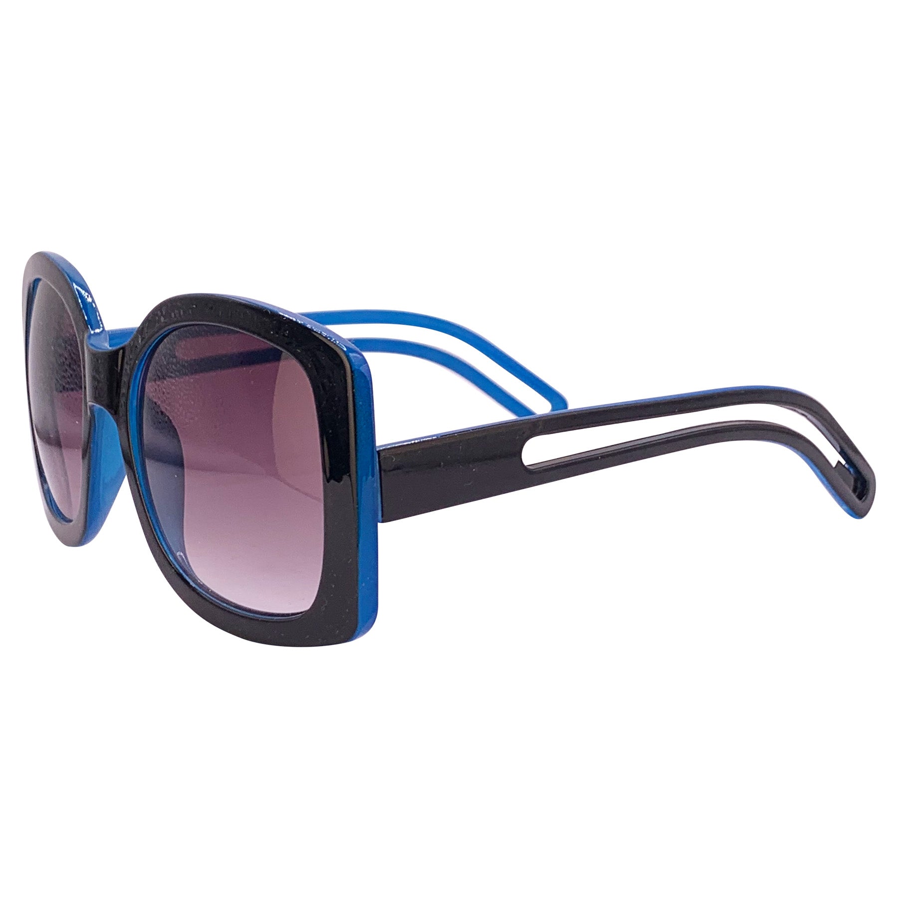 Oversized square boho sunglasses with a black outer frame, smoke lenses, and a blue inner frame, offering a stylish and trendy look for sunny days. Perfect for a chic, laid-back fashion statement.