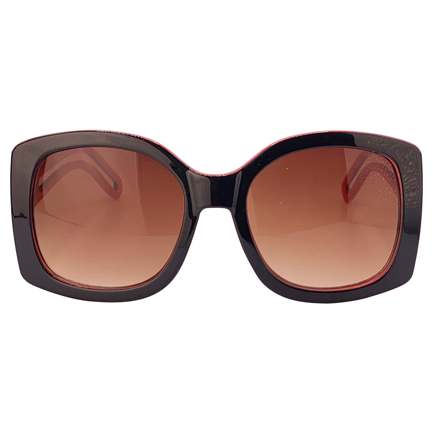 Oversized square boho sunglasses with a black outer frame, amber lenses, and a vibrant red inner frame, offering a stylish and trendy look for sunny days. Perfect for a chic, laid-back fashion statement.