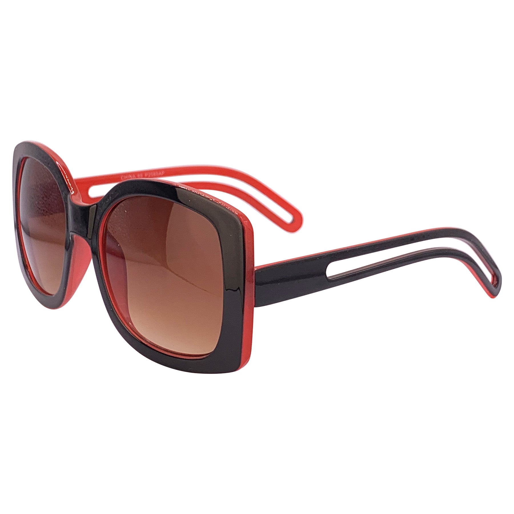 Oversized square boho sunglasses with a black outer frame, amber lenses, and a vibrant red inner frame, offering a stylish and trendy look for sunny days. Perfect for a chic, laid-back fashion statement.