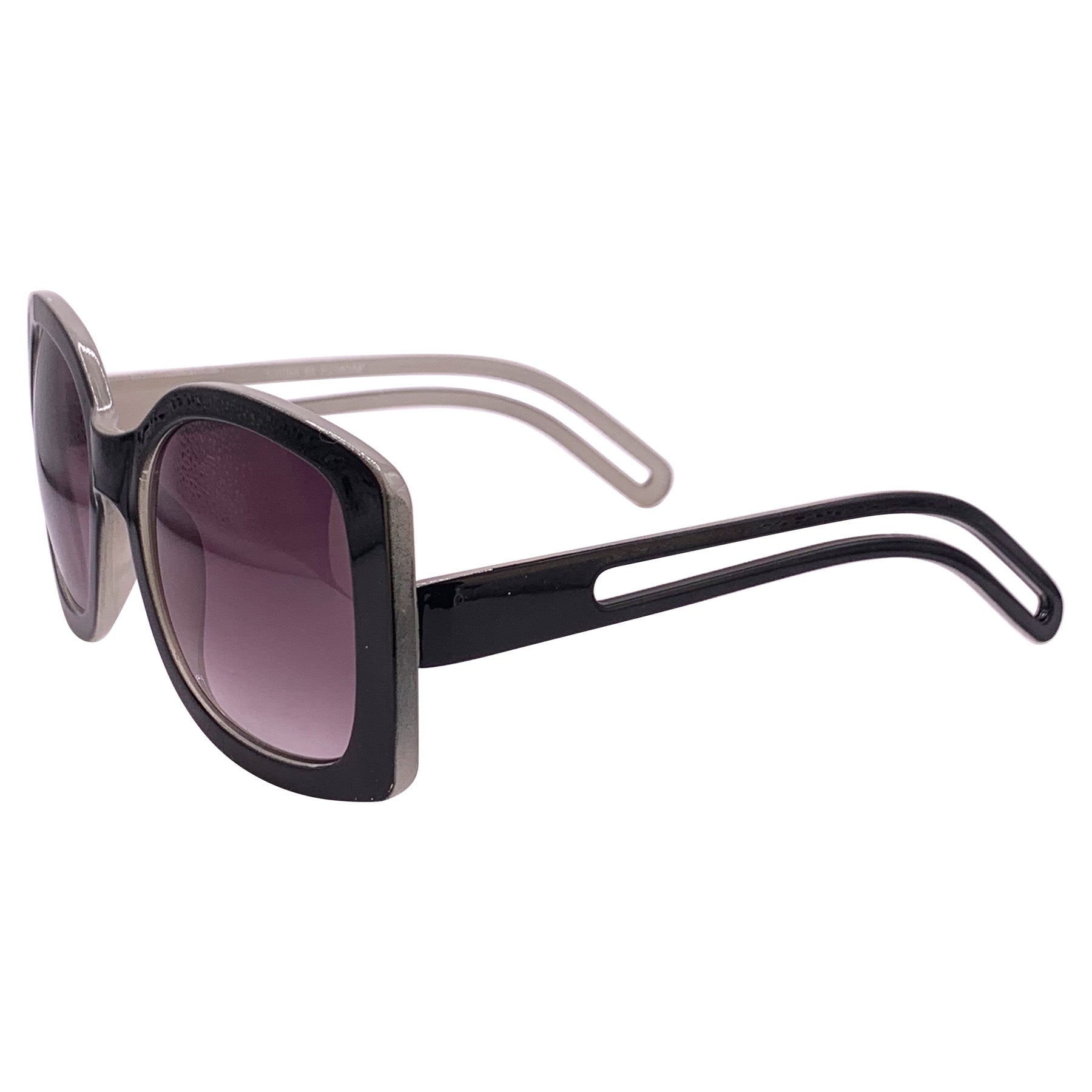 Oversized square boho sunglasses with a black outer frame, smoke lenses, and a grey inner frame, offering a stylish and trendy look for sunny days. Perfect for a chic, laid-back fashion statement.