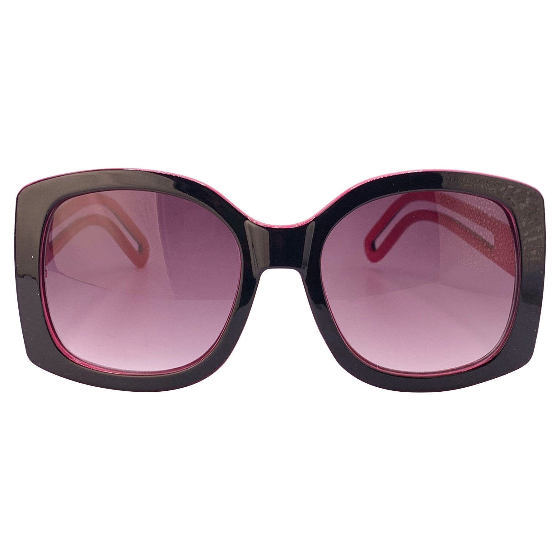 Oversized square boho sunglasses with a black outer frame, smoke lenses, and a pink inner frame, offering a stylish and trendy look for sunny days. Perfect for a chic, laid-back fashion statement.