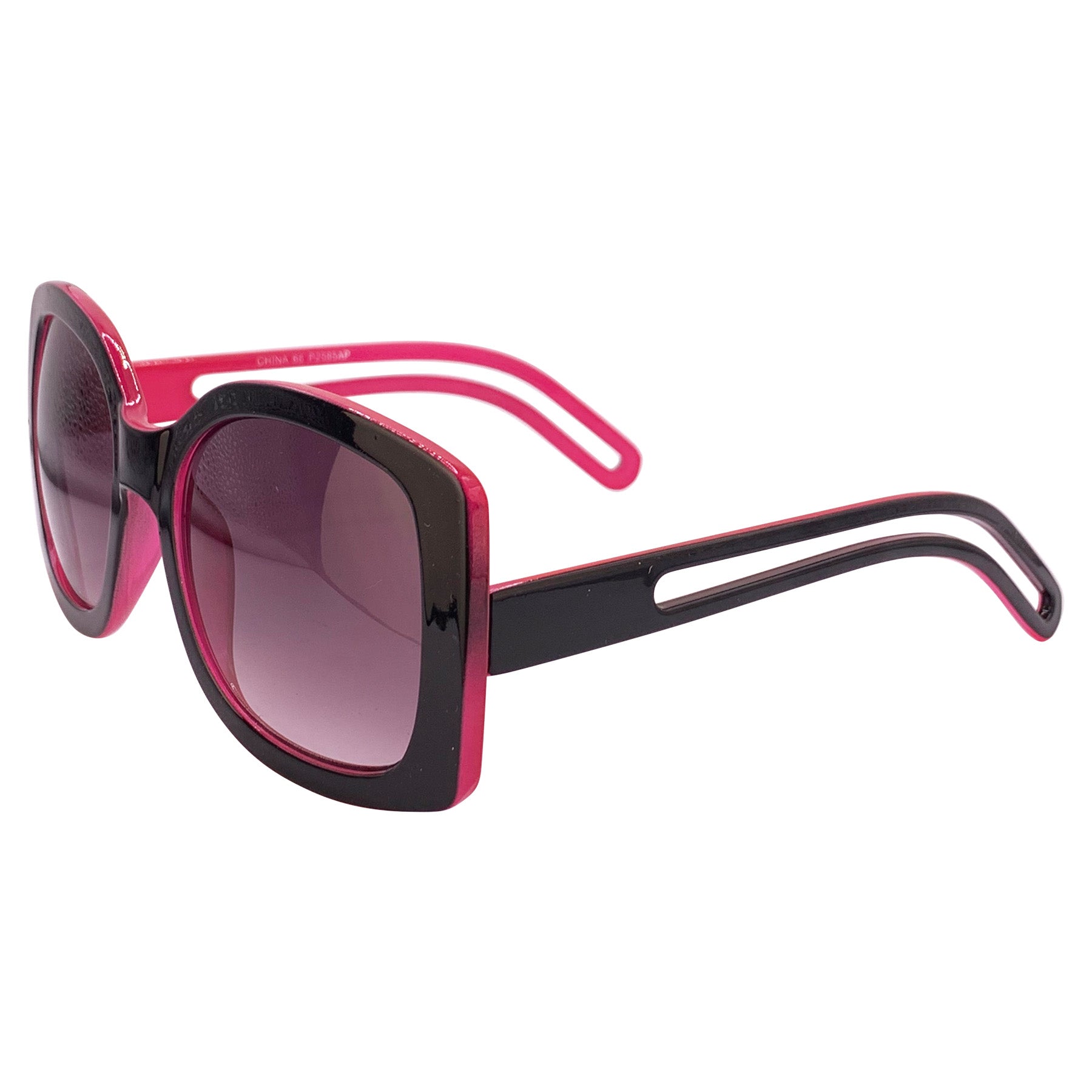 Oversized square boho sunglasses with a black outer frame, smoke lenses, and a pink inner frame, offering a stylish and trendy look for sunny days. Perfect for a chic, laid-back fashion statement.