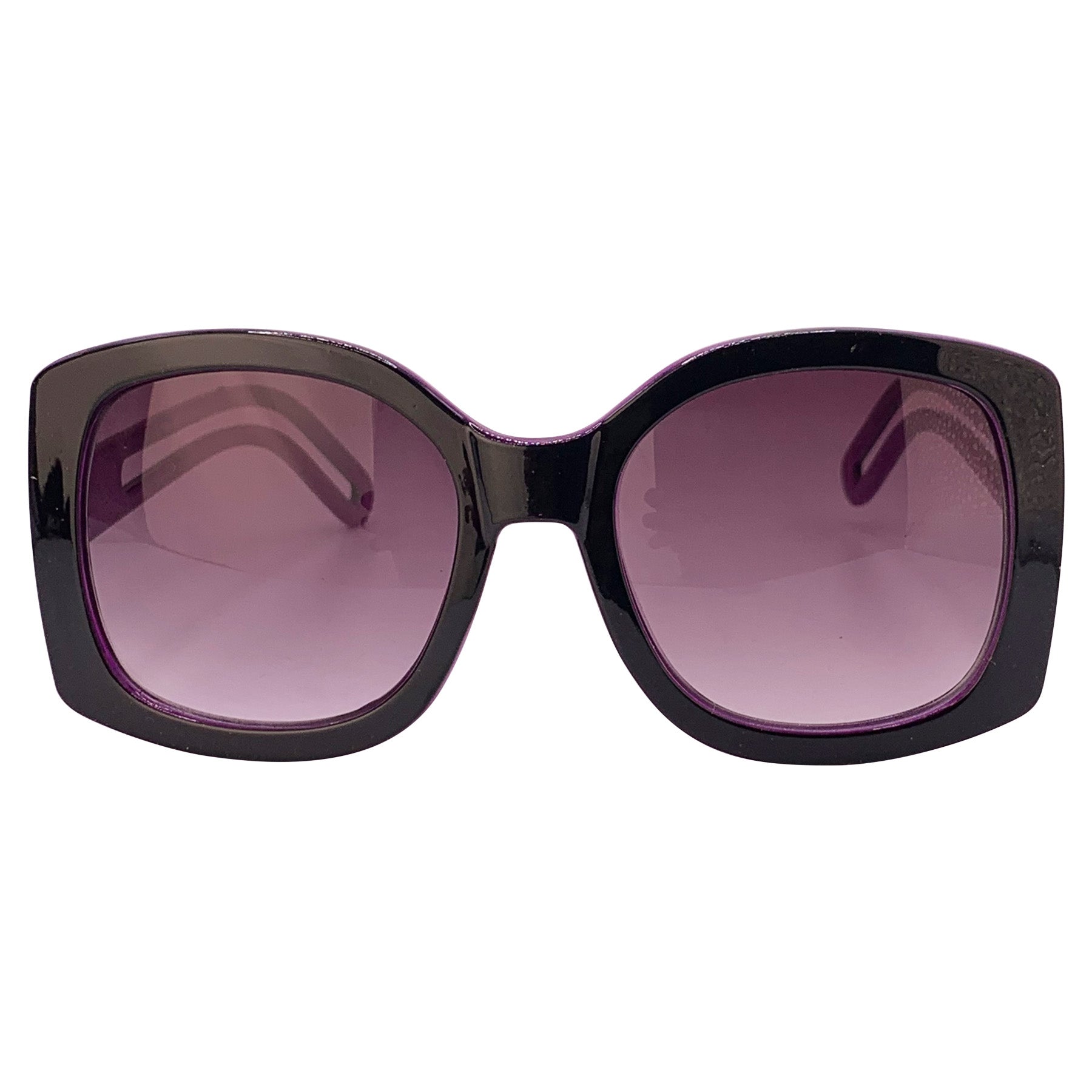 Oversized square boho sunglasses with a black outer frame, smoke lenses, and a purple inner frame, offering a stylish and trendy look for sunny days. Perfect for a chic, laid-back fashion statement.